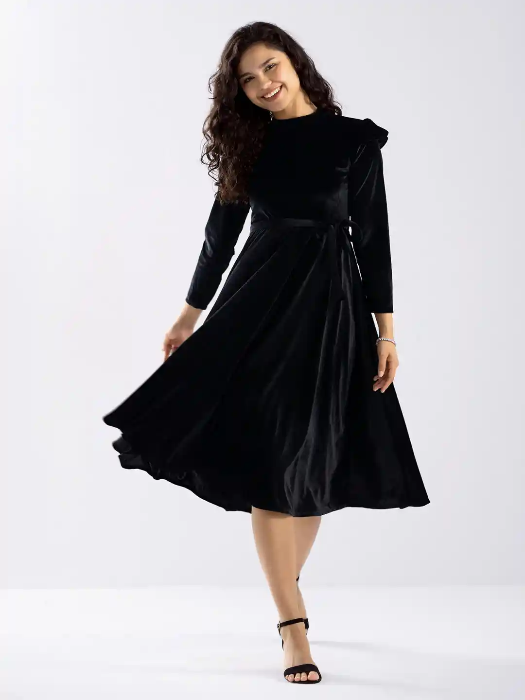Buy AASK Puff Sleeves Velvet Fit Flare Midi Dress With Belt