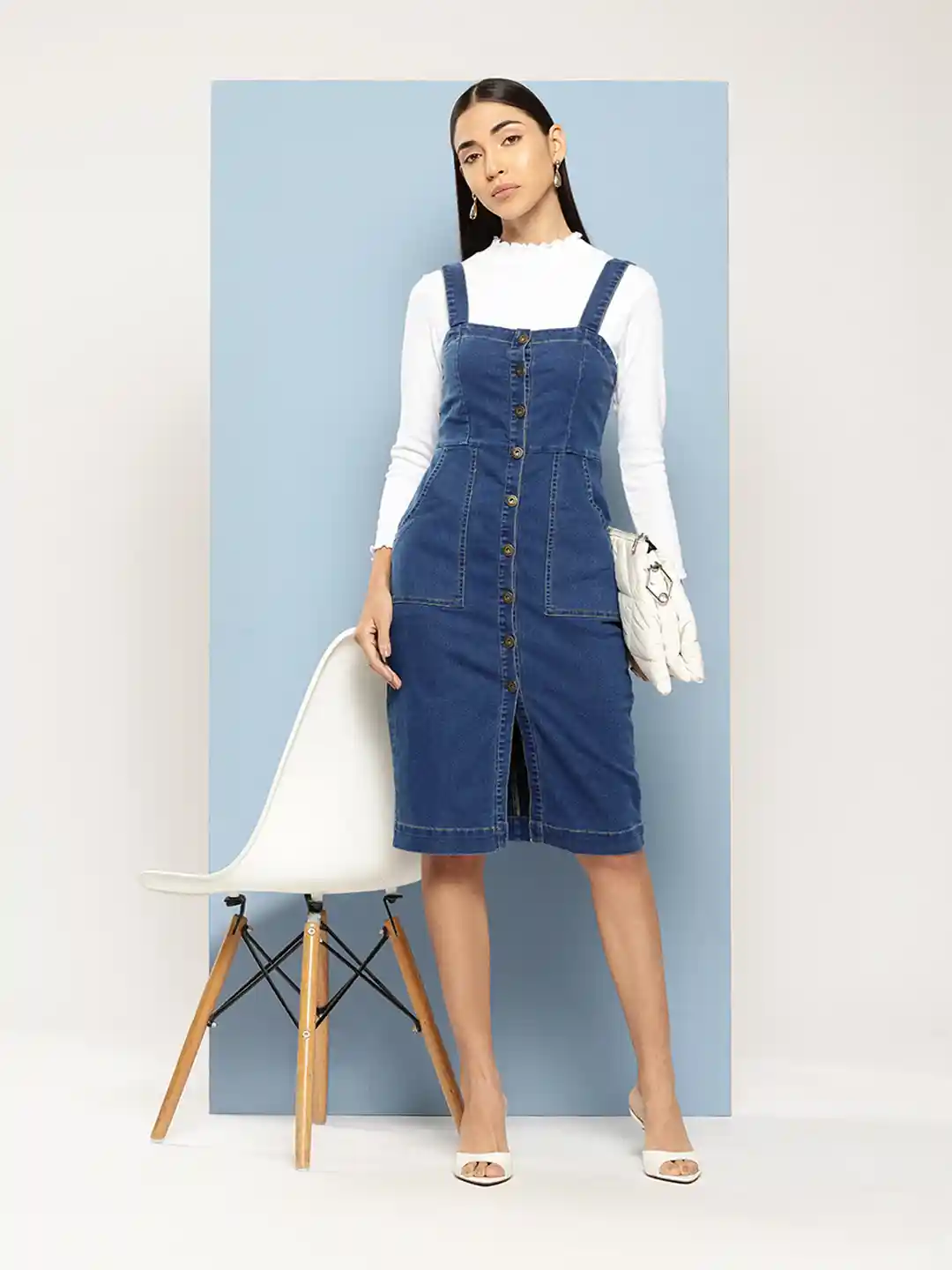 Buy Chemistry Shoulder Straps Denim Pinafore Dress Dresses for