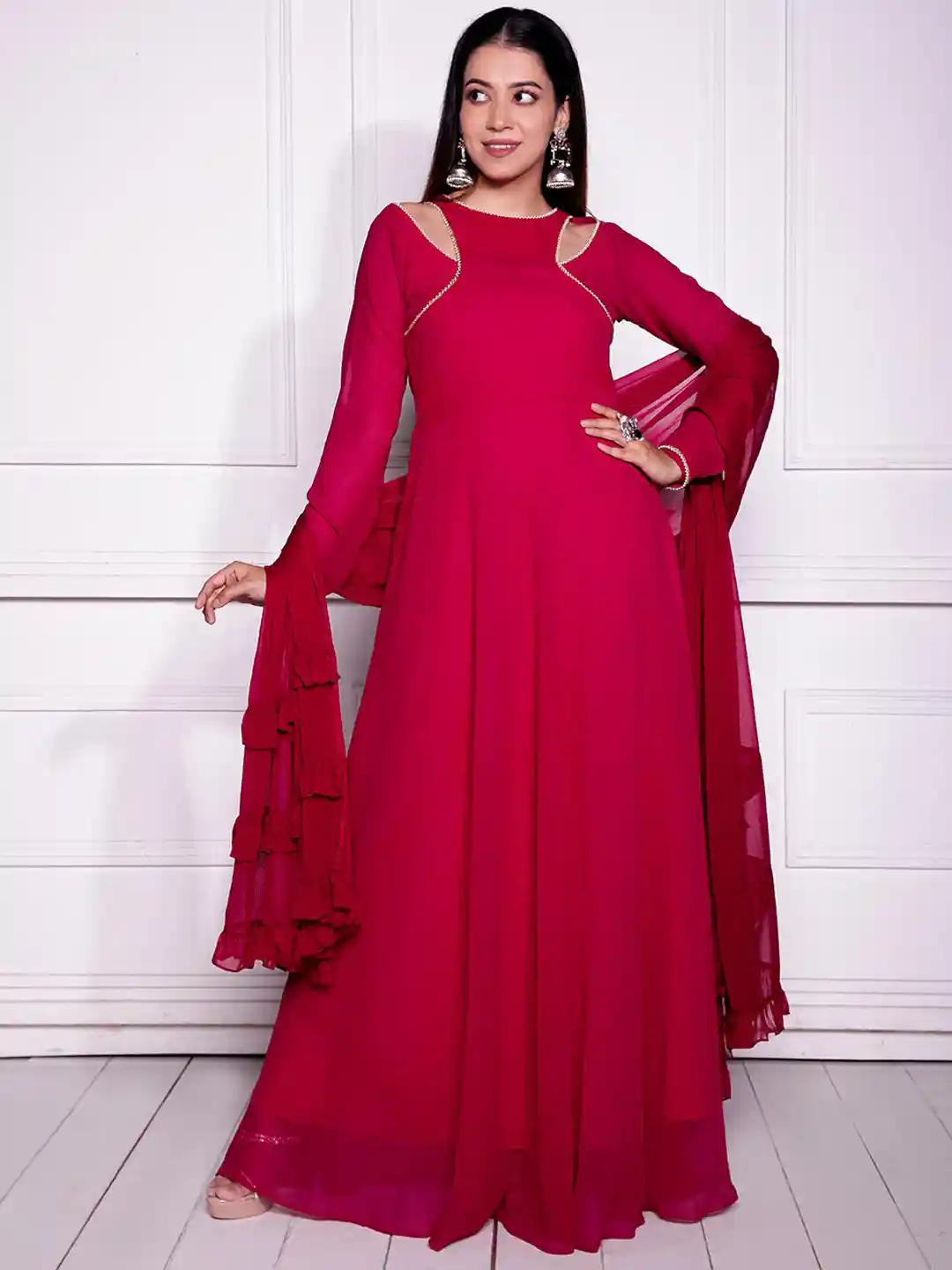 Buy NUD Long Sleeves Beaded Cut Out Detail Georgette Ethnic Maxi