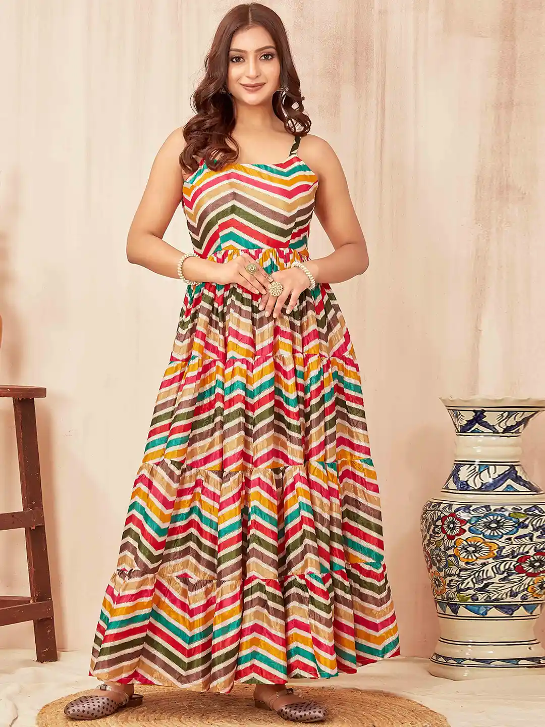 Buy CHANSI Chevron Printed Shoulder Straps Gathered Tiered Maxi