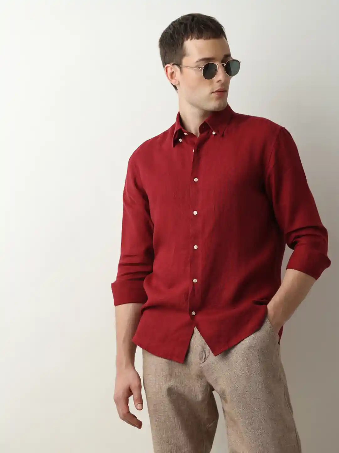 SELECTED Button-Down Collar Pure Linen Casual Shirt - Main Image
