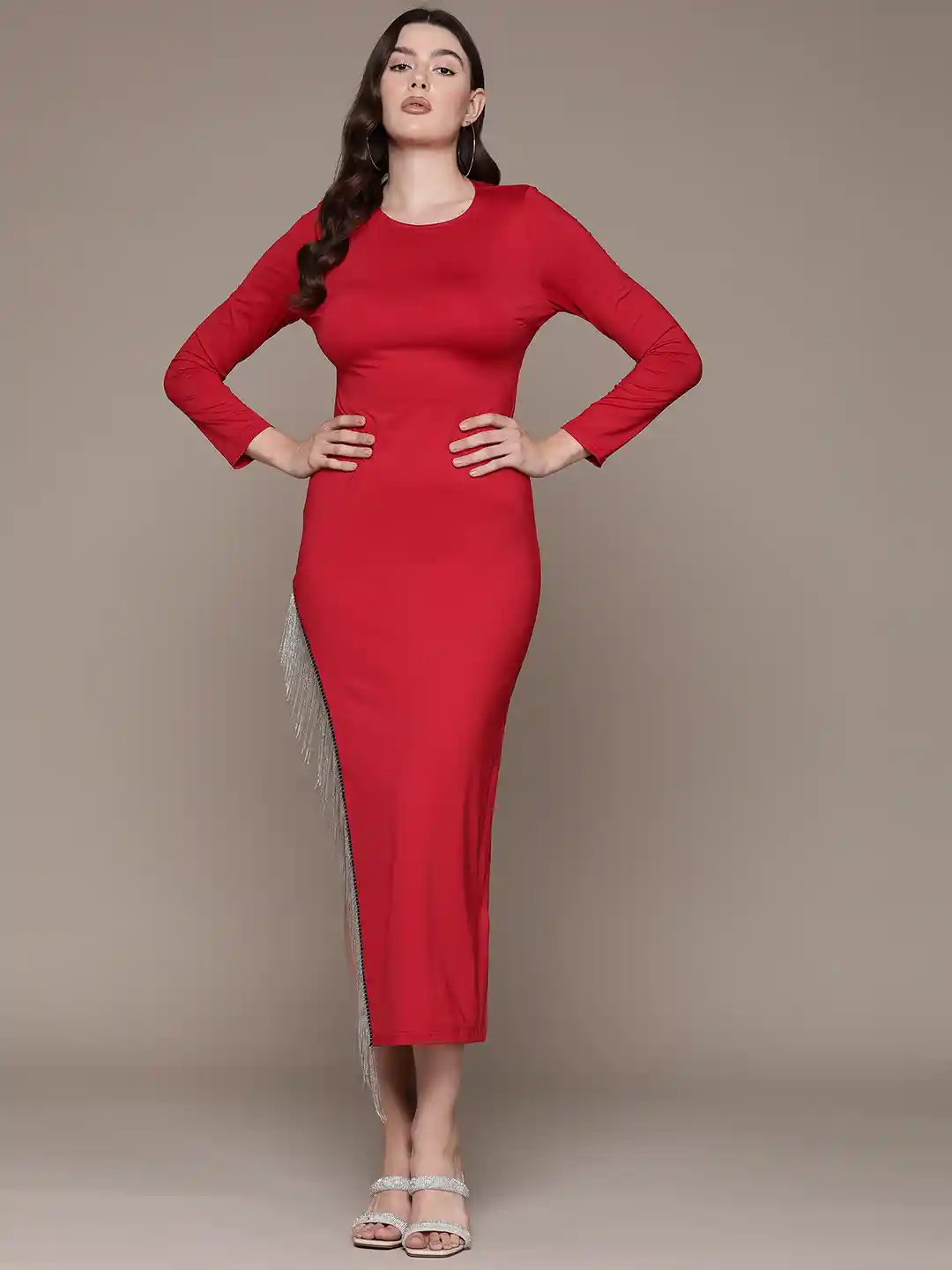Long Sleeve Red Dress With Slit Evening Gowns Robe De Soiree