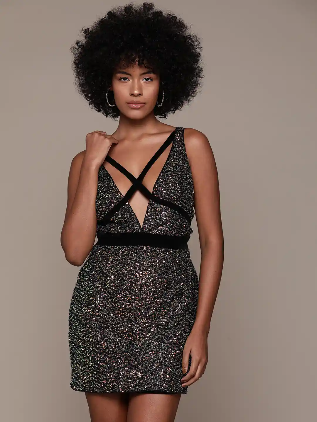 bebe Future Glam Embellished Plunge Neck Sheath Dress