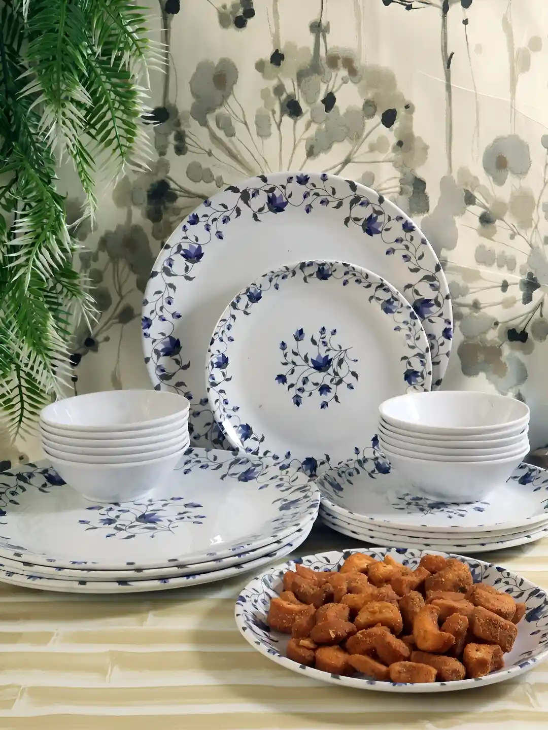 Buy Aura White Blue 24 Pieces Printed Melamine Glossy Dinner Set