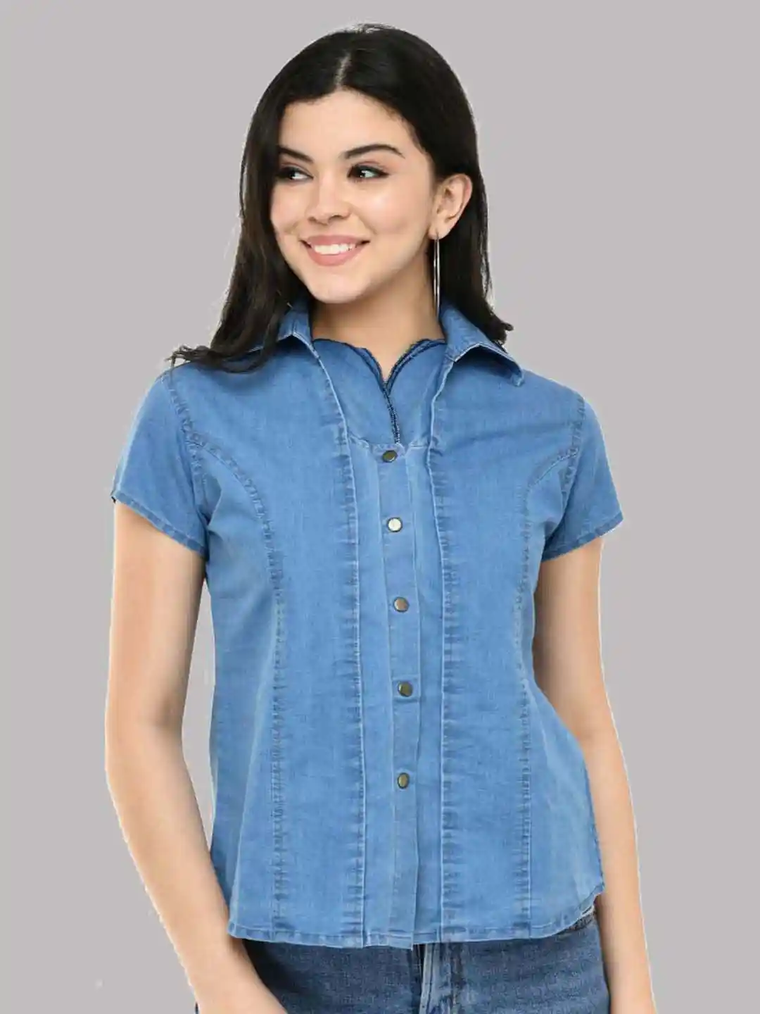 Half Sleeve Denim Shirt Female SAAKAA Shirt Collar Short Sleeves