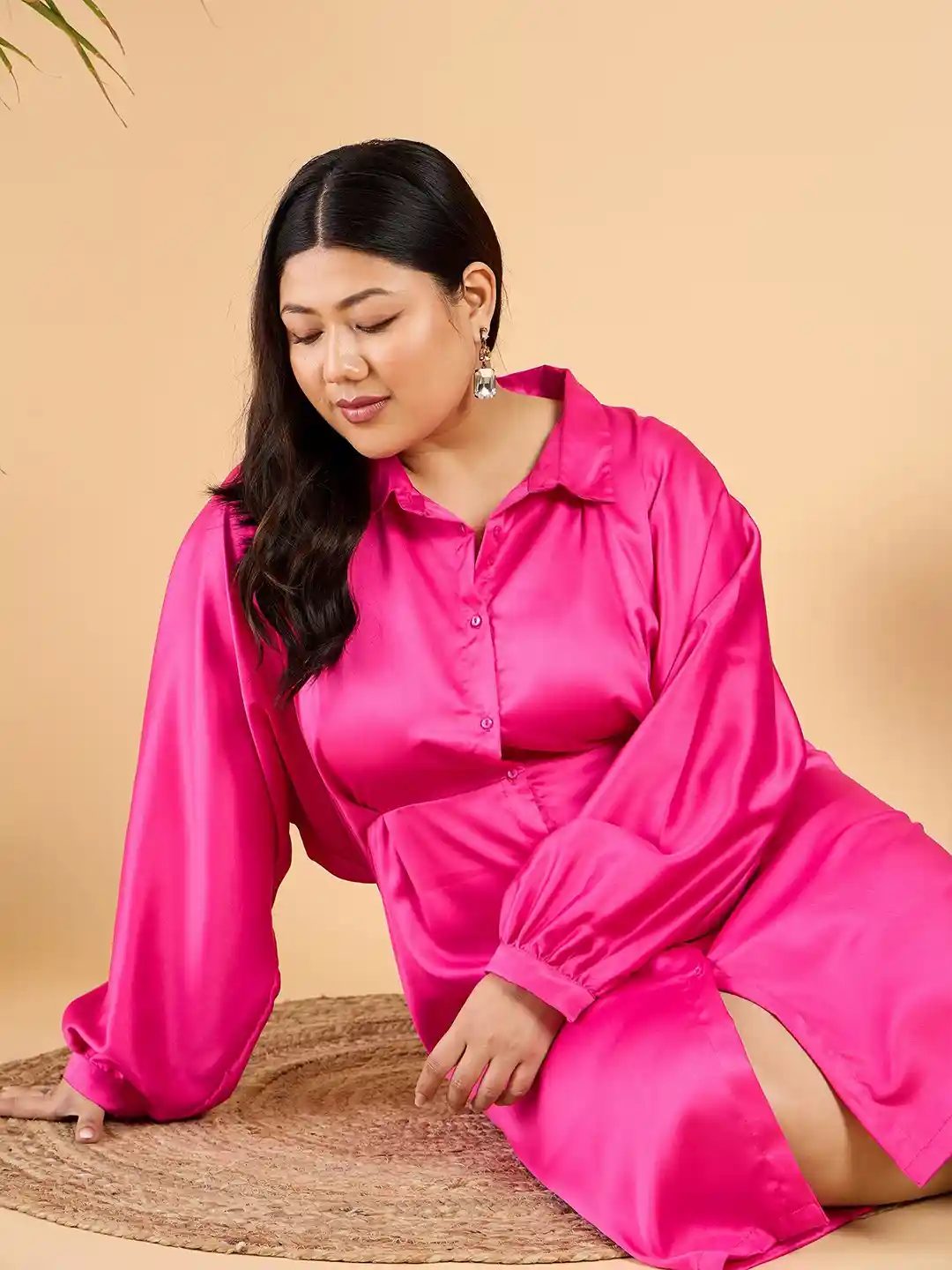 CURVY STREET Plus Size Puff Sleeve Satin Shirt Style Dress