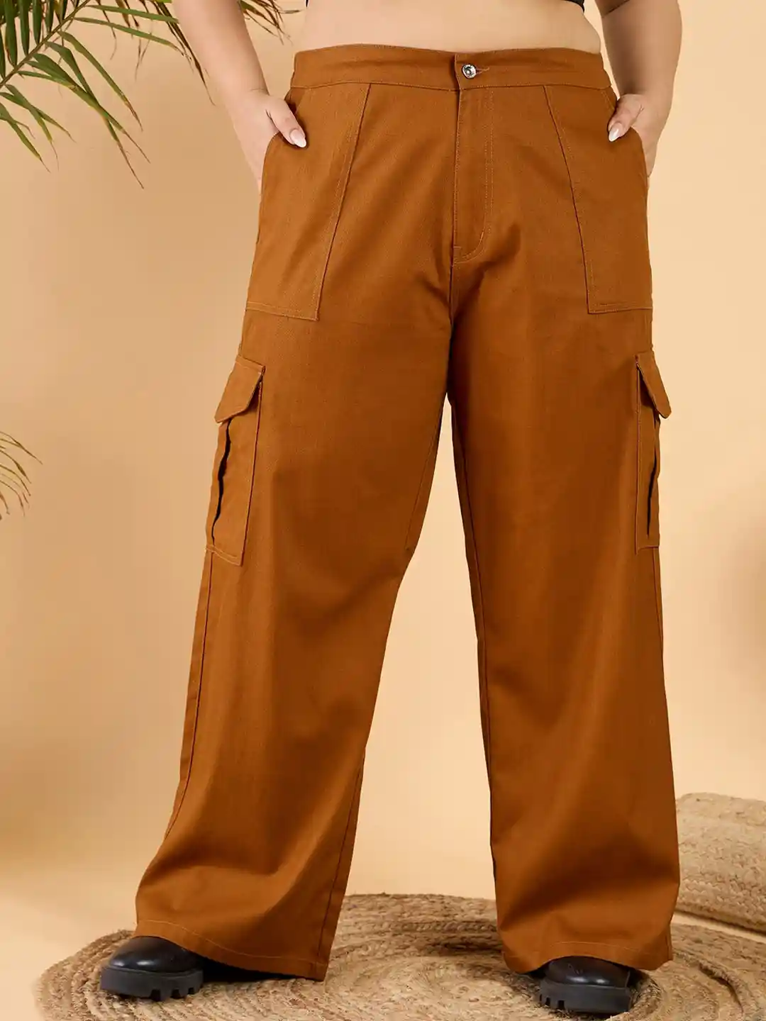 CURVY STREET Women Plus Size Loose Fit Pure Cotton Wide Leg Cargo Trouser