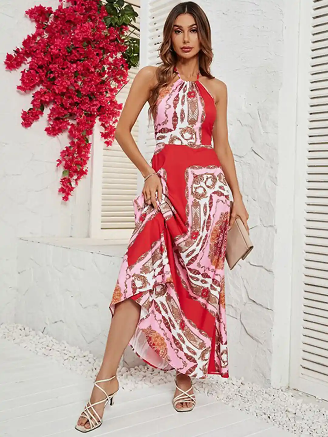 Buy StyleCast x Revolte Floral Printed Flared Halter Neck Maxi