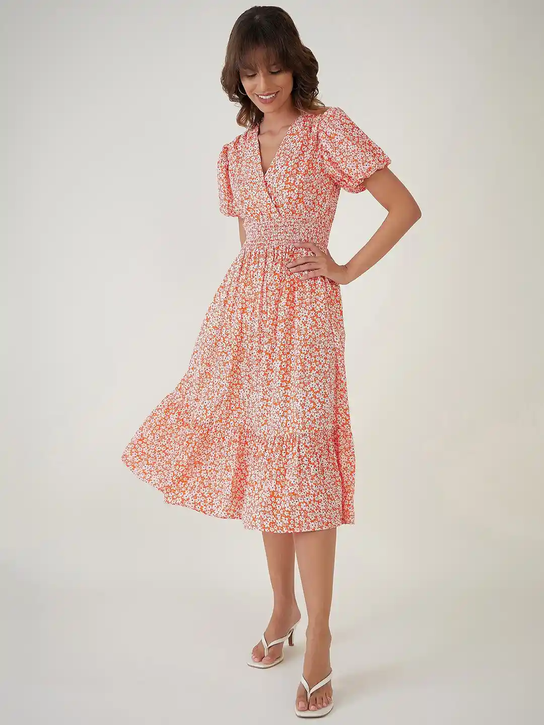 JEFF COOPER Floral Printed Puff Sleeves Fit Flare Midi Dress