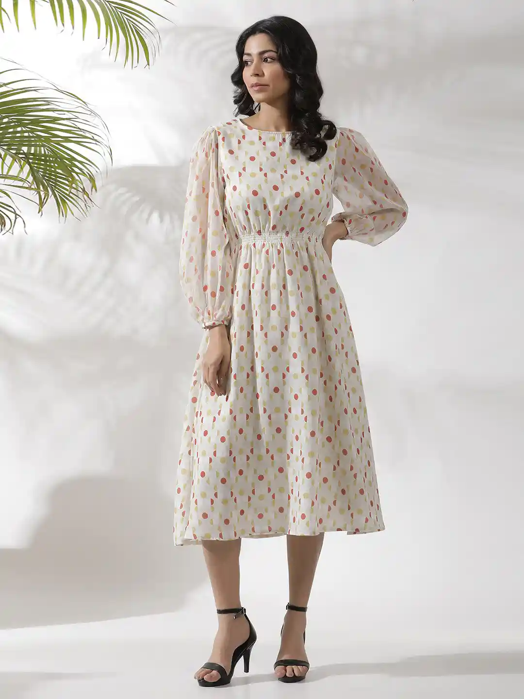 Buy W Polka Dots Print Puff Sleeve Fit Flare Midi Dress