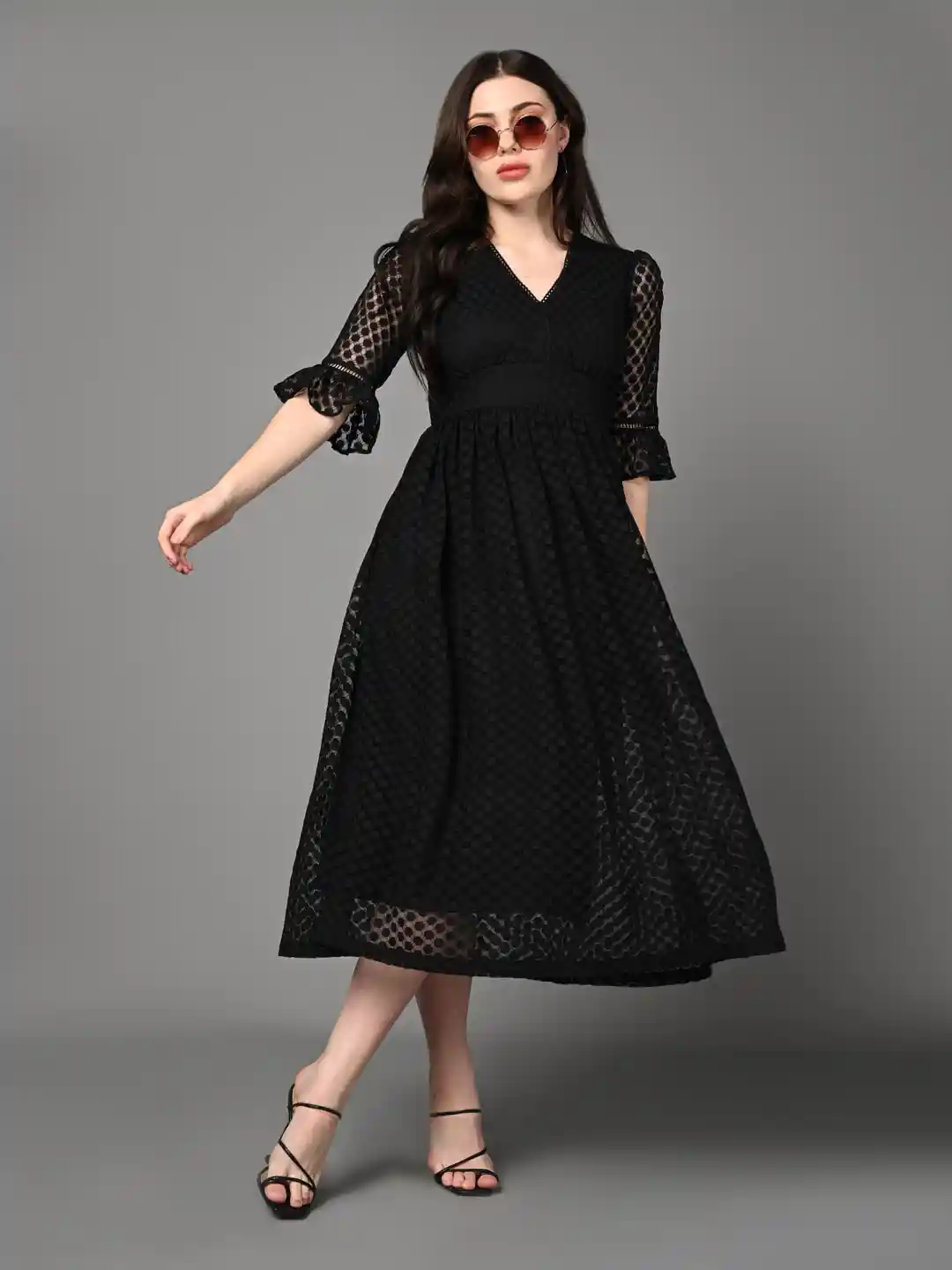 Buy Justin Whyte Bell Sleeve Jacquard Party Fit and Flare Midi