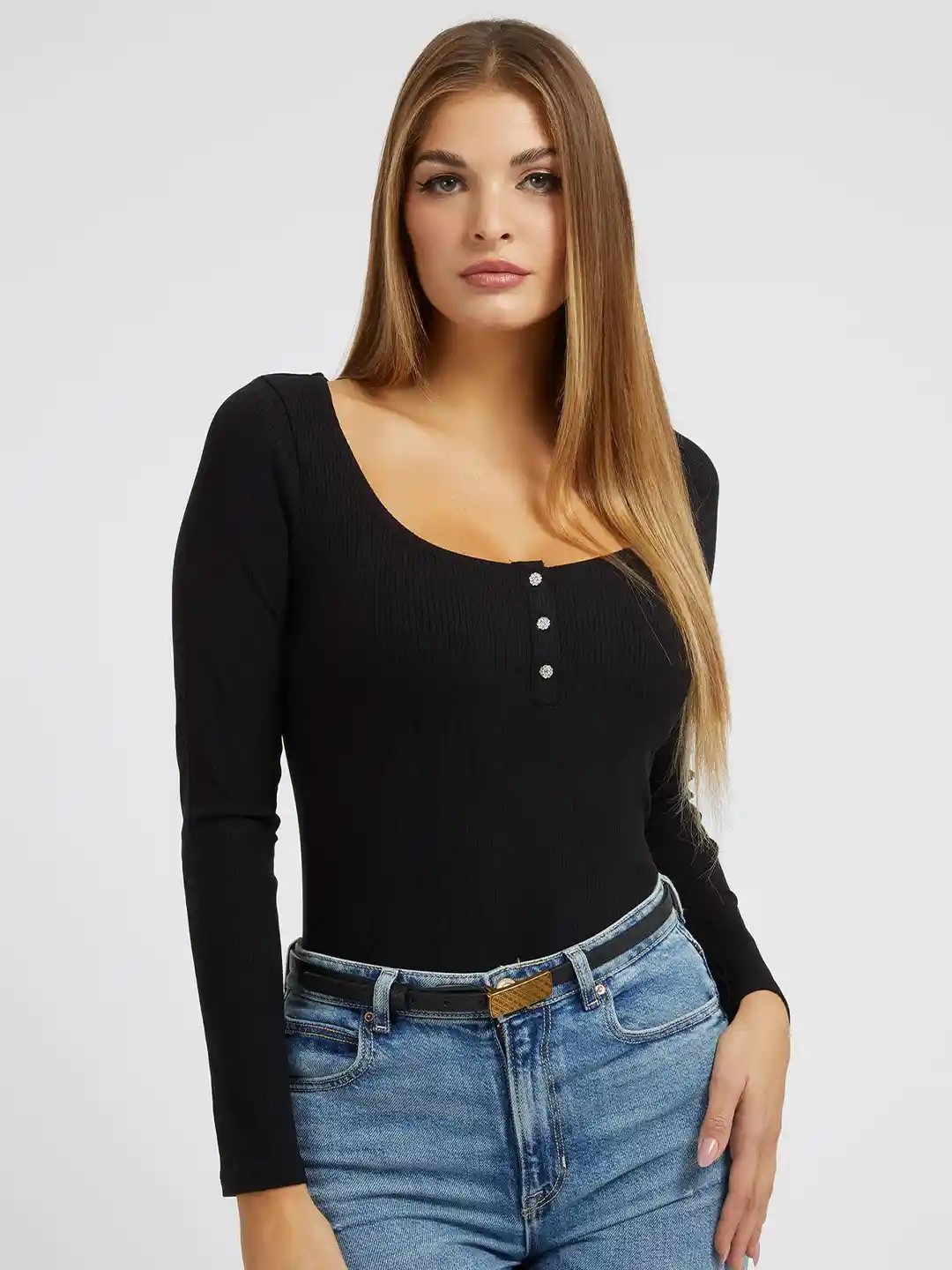 GUESS Scoop Neck Long Sleeves Fitted Top