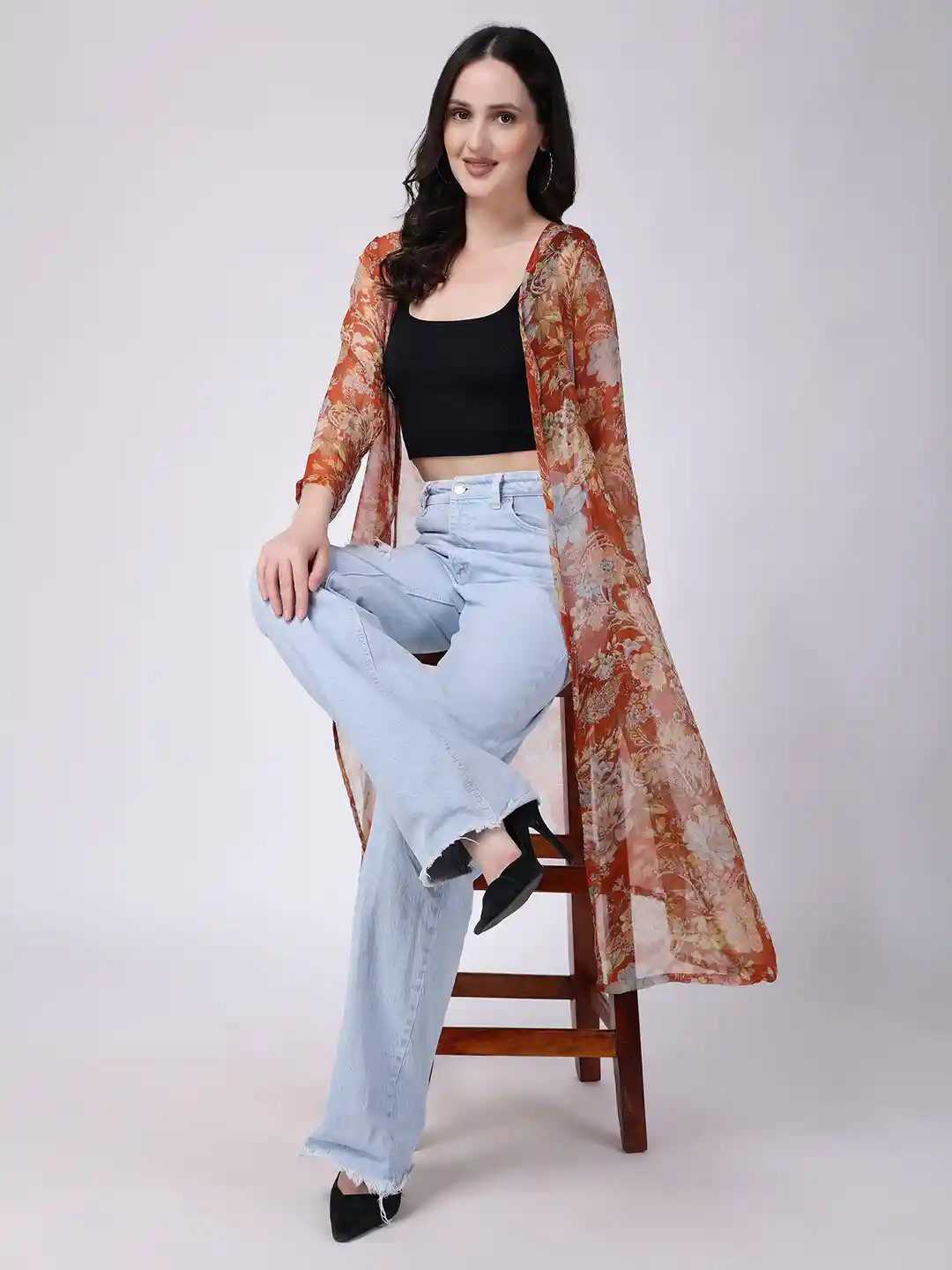 Buy SCORPIUS Floral Printed Sheer Longline Open Front Shrug