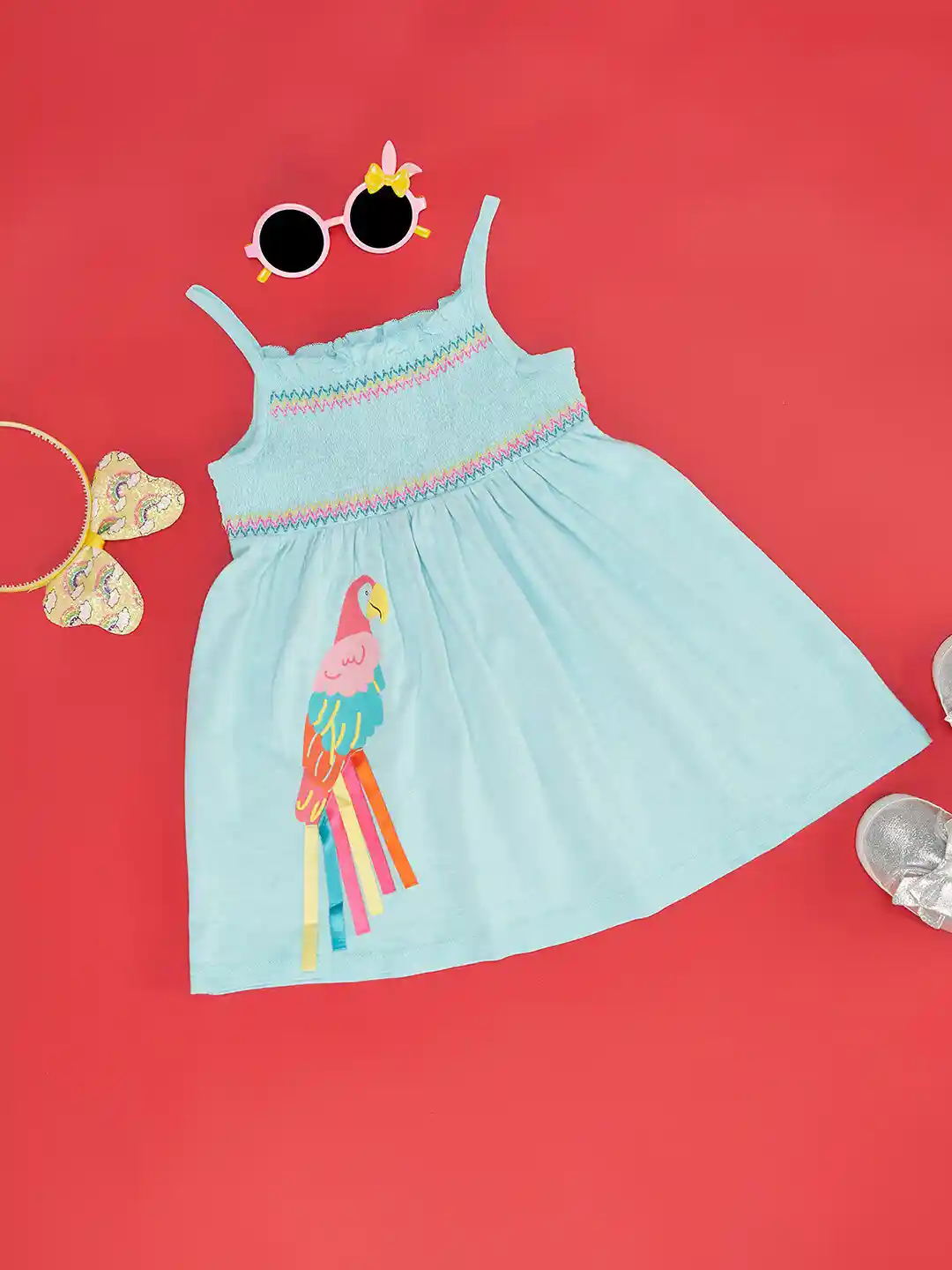 Pantaloons Baby Girls Printed Shoulder Straps Gathered Smocked Cotton Fit  Flare Dress