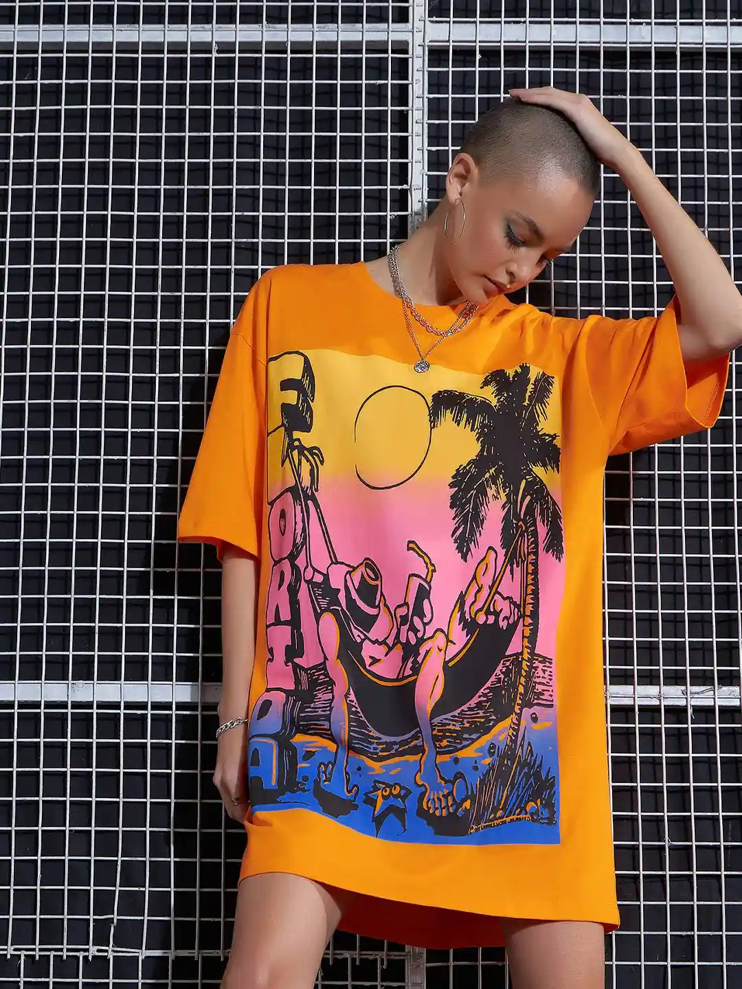 SASSAFRAS Orange Graphic Printed Drop Shoulder Pure Cotton Oversized  T-Shirt Dress