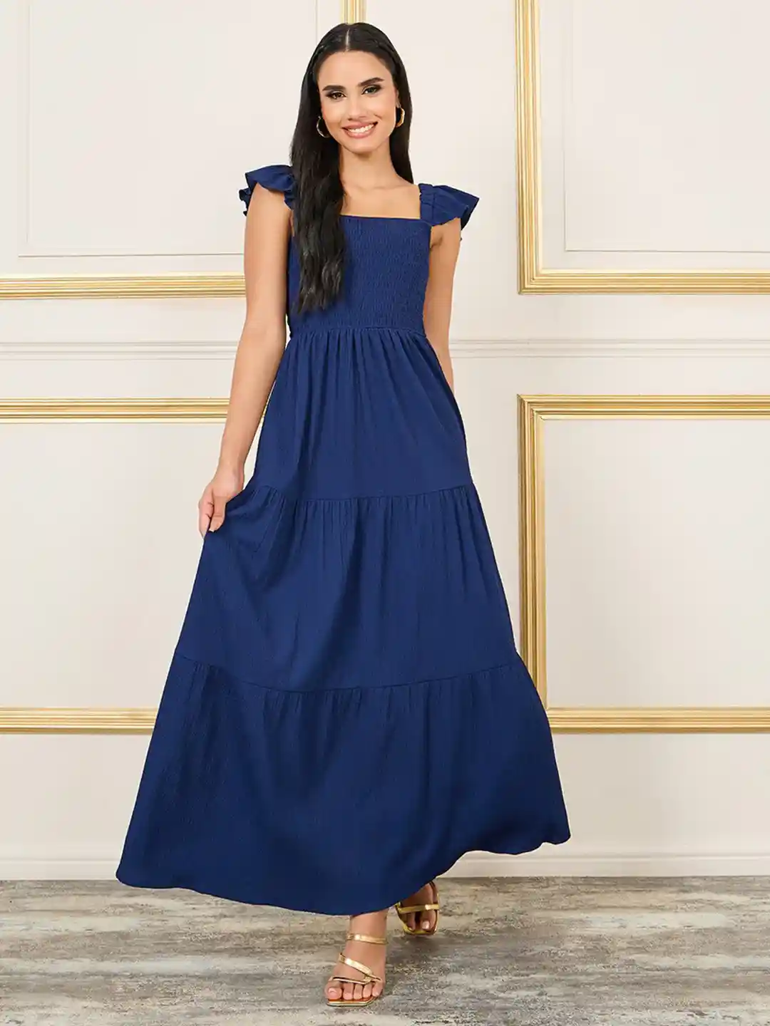 Styli Square Neck Smocked Ruffle Sleeves Tiered Maxi Dress