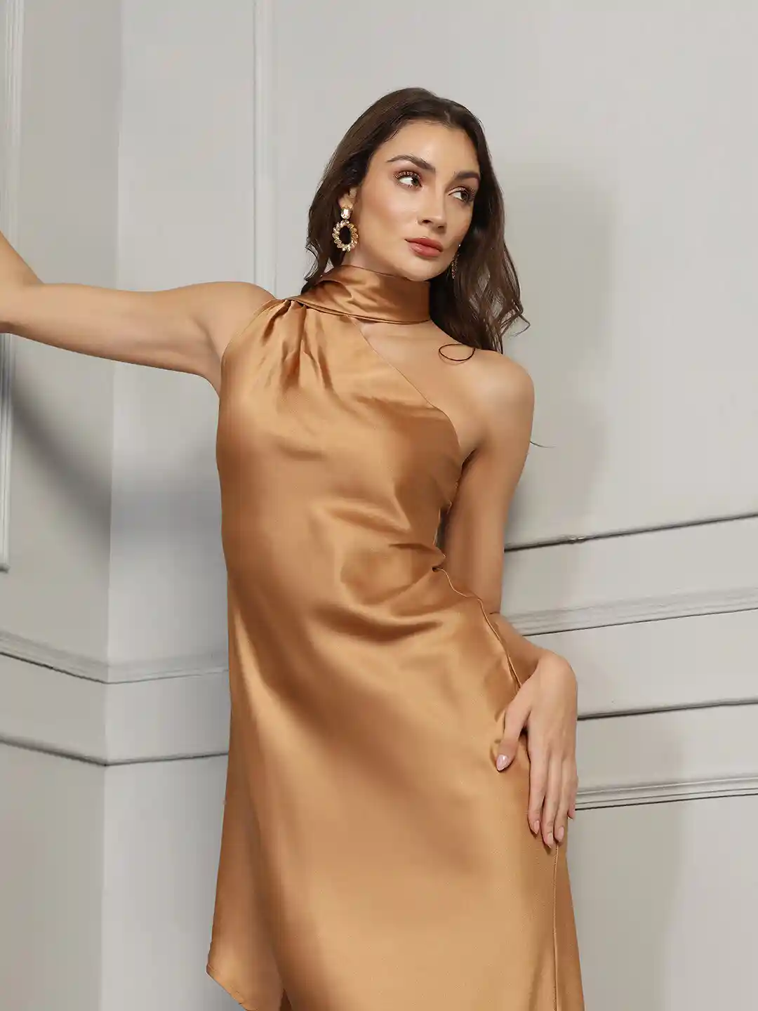 Buy STARIN One Shoulder Satin Sheath Midi Dress Dresses for