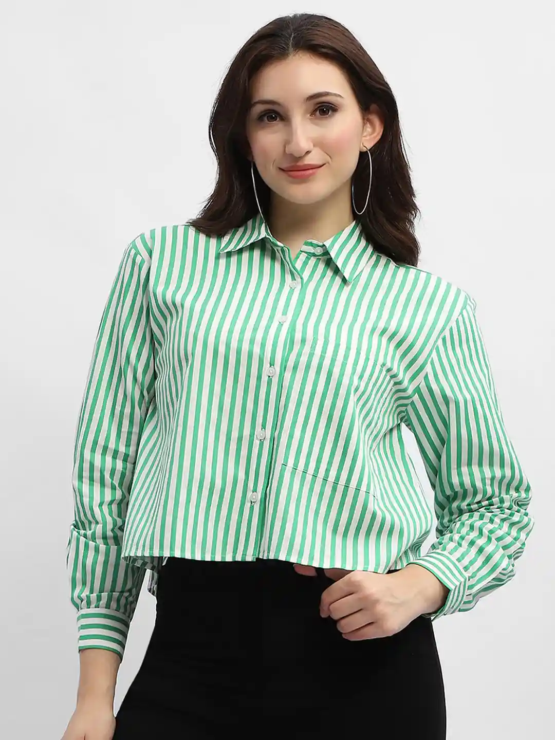 Buy Madame Vertical Striped Pure Cotton Crop Casual Shirt - Shirts