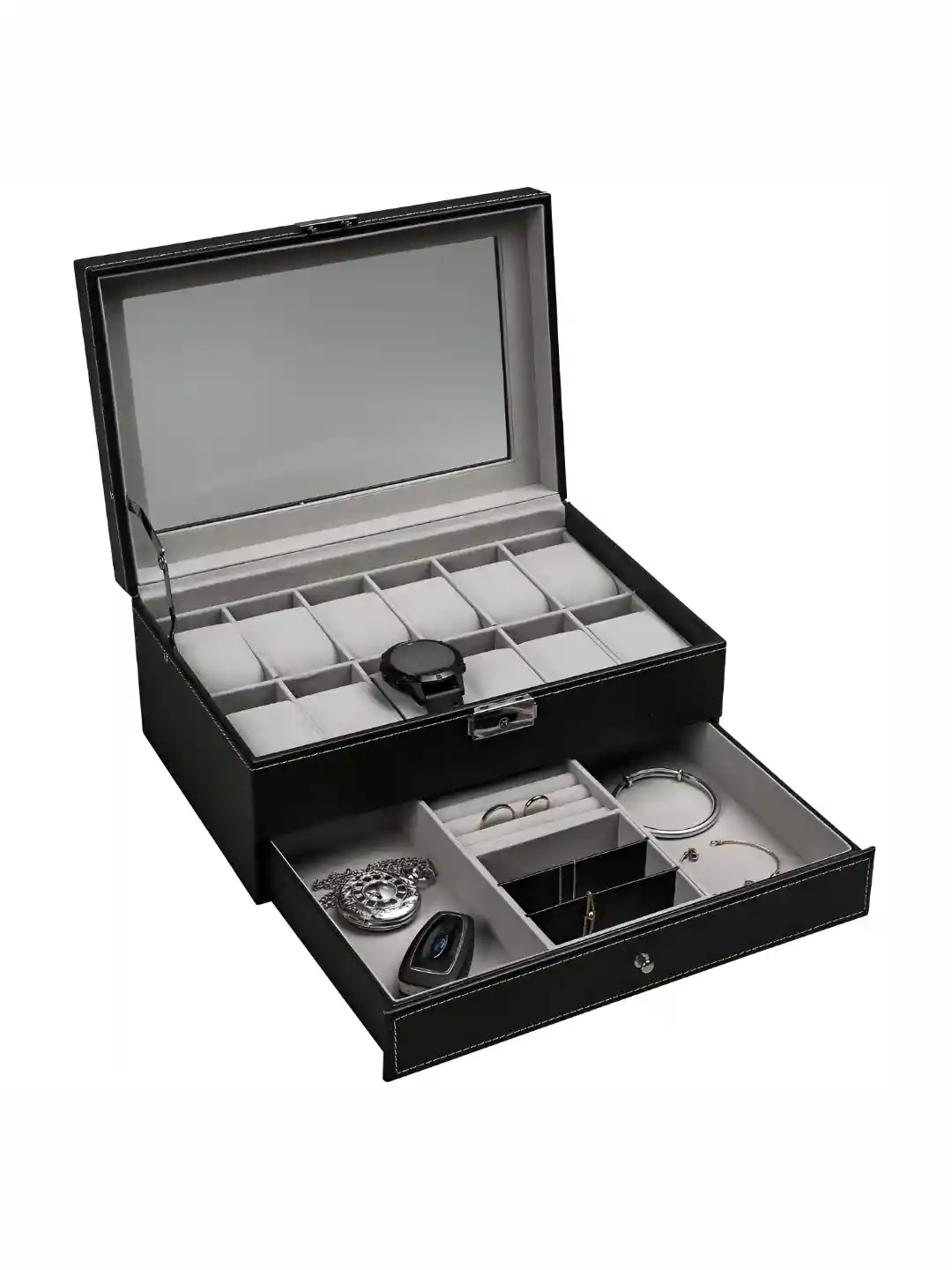 KriShyam Black Double-Layer 12 Slot Watch Box Jewelry Tray Drawer With  Display Glass
