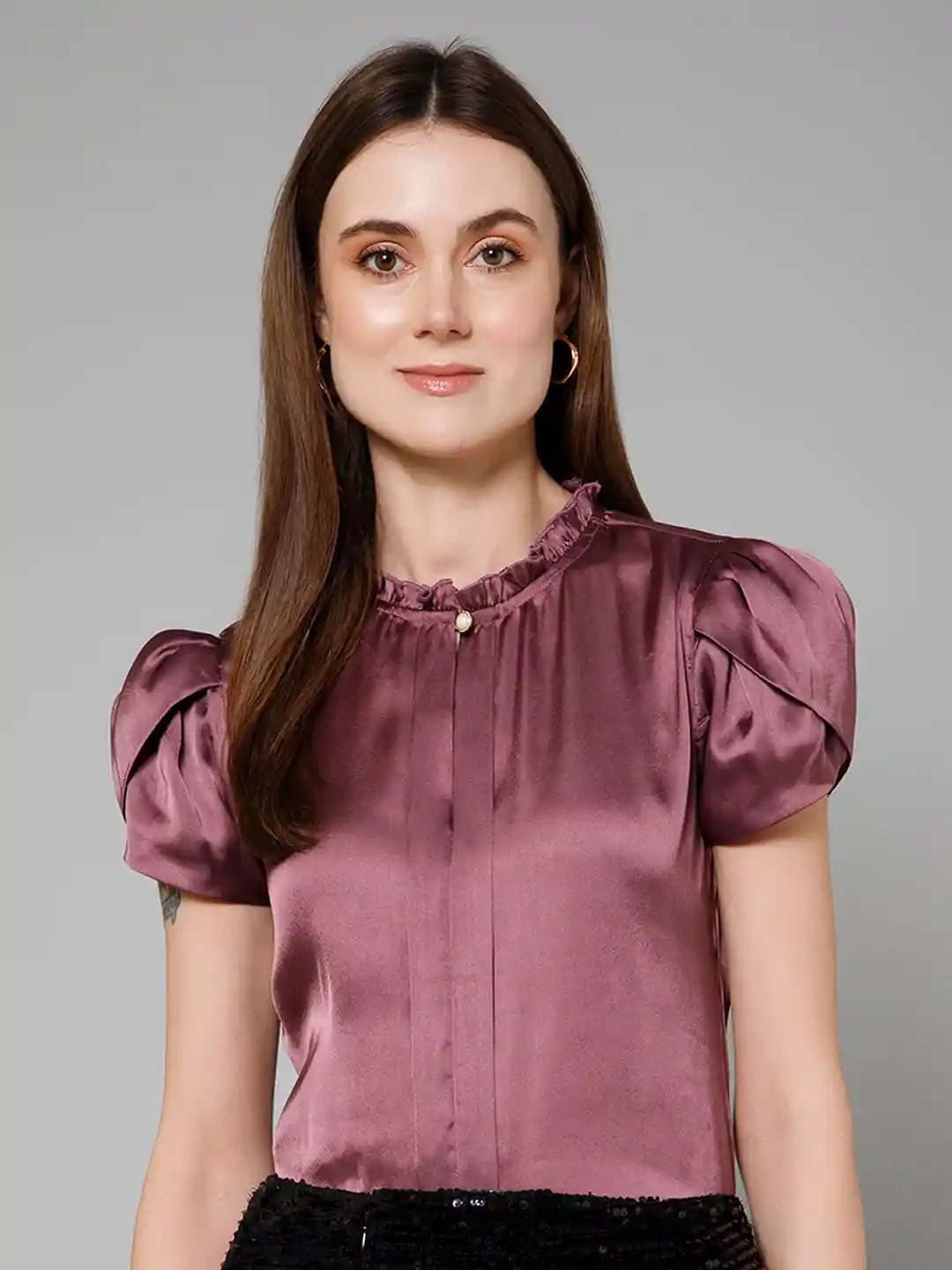 Buy PURYS High Neck Puff Sleeves Pleated Detail Satin Top - Tops