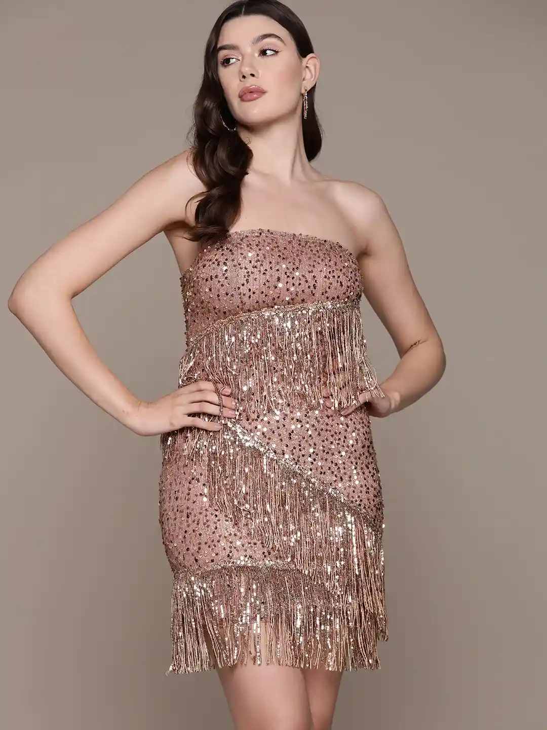 bebe Future Glam Sequin Embellished Fringed Bodycon Mini Dress