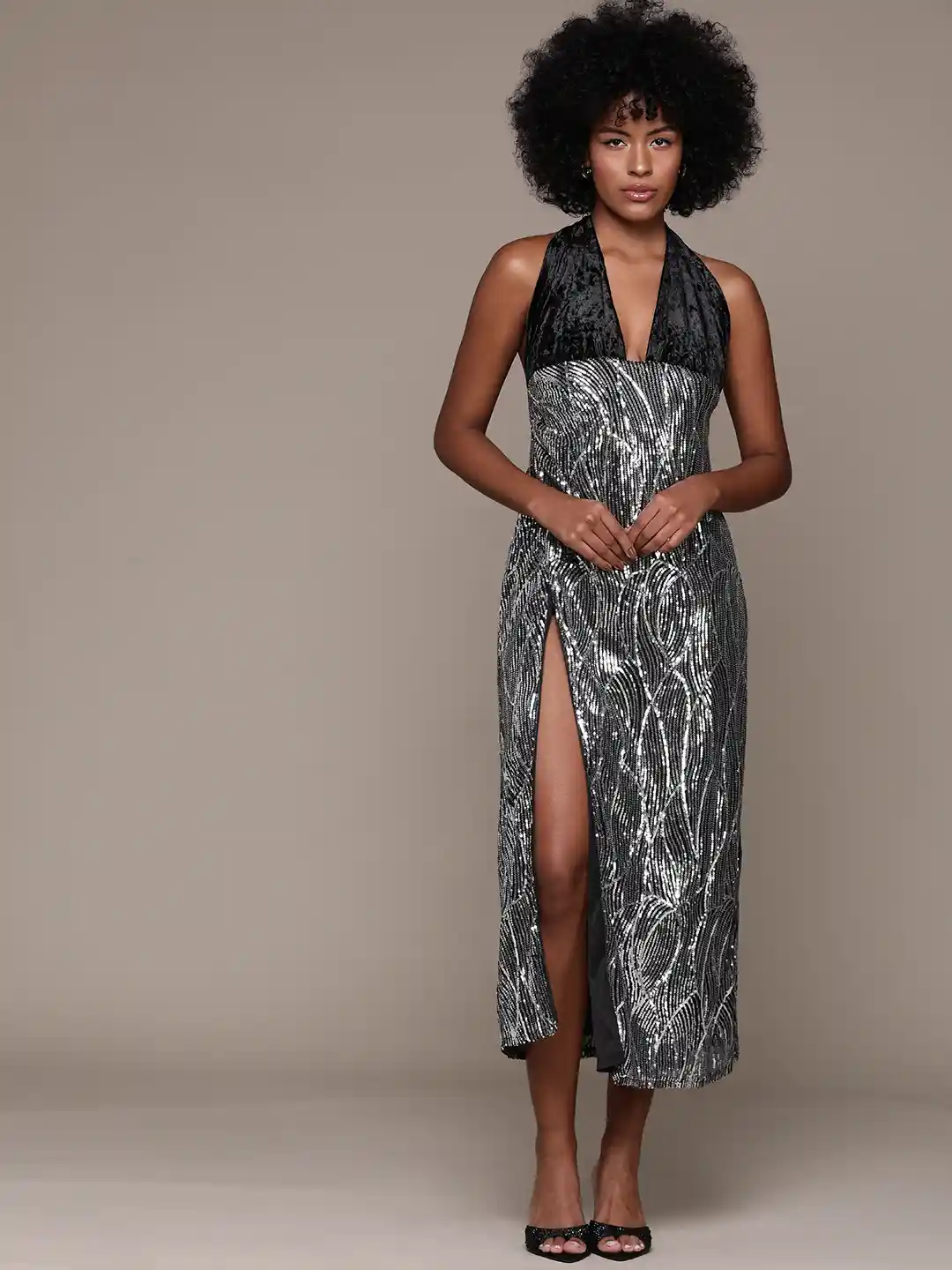 Buy bebe Future Glam Sequined Halter Neck High-Slit Midi Dress