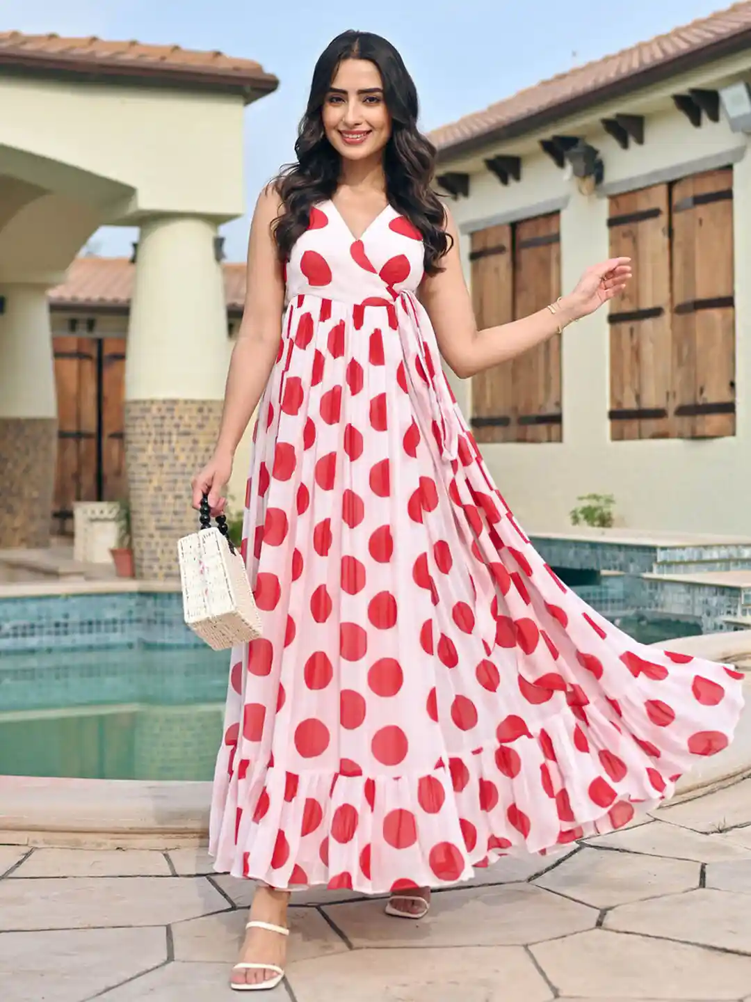 privacy please red polka dot dress Womens Dresses Privacy Please Polka Dot Dress KALINI Polka Dot Printed  Georgette Floor Length Dress