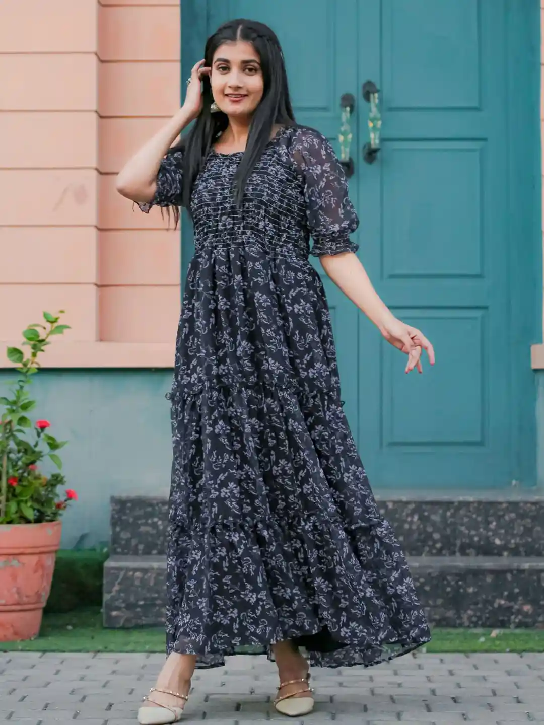 Buy ODETTE Floral Printed Round Neck Short Sleeves Maxi Dress