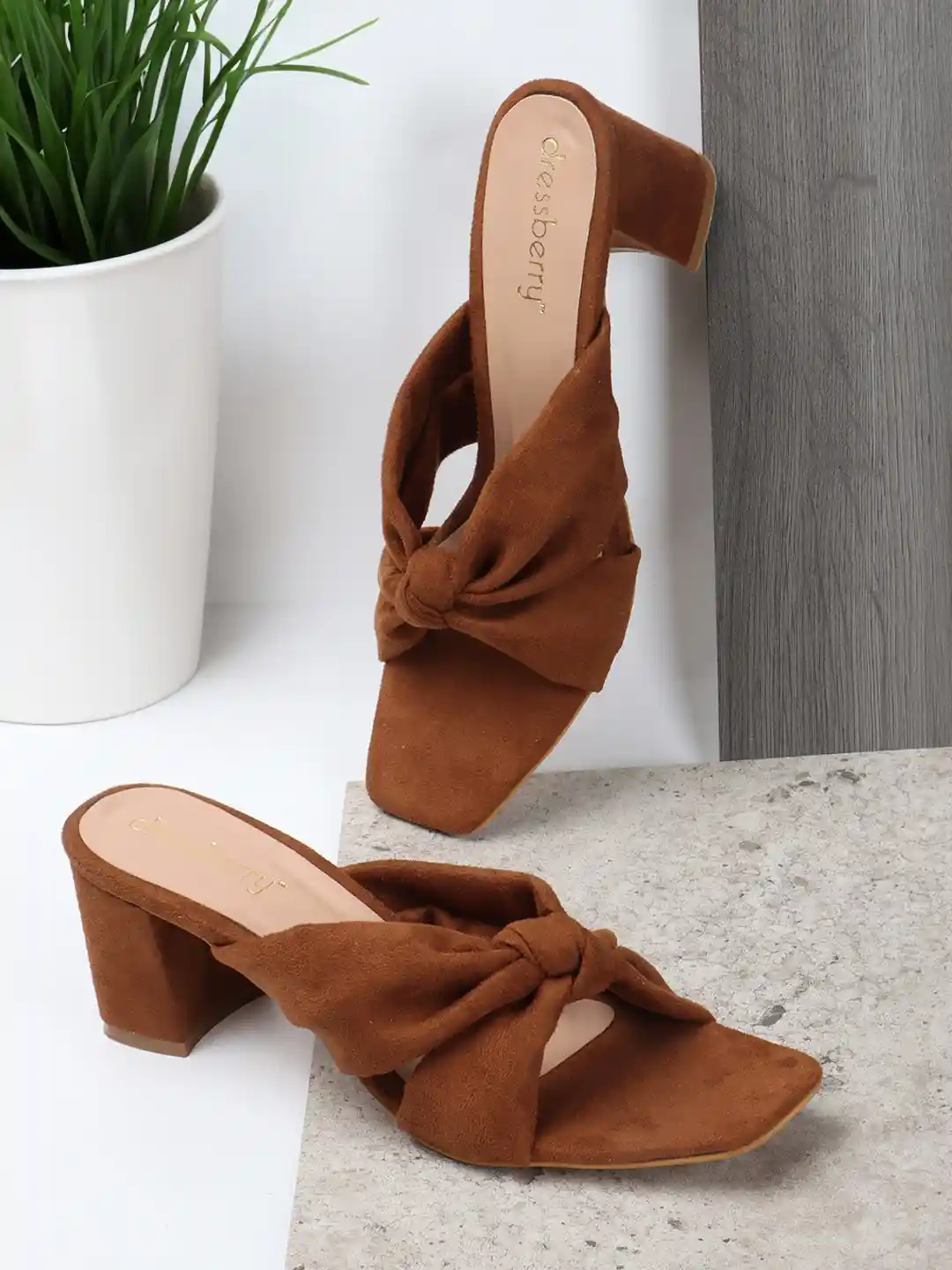 Buy DressBerry Tan Brown Textured Open Toe Block Heels Heels for