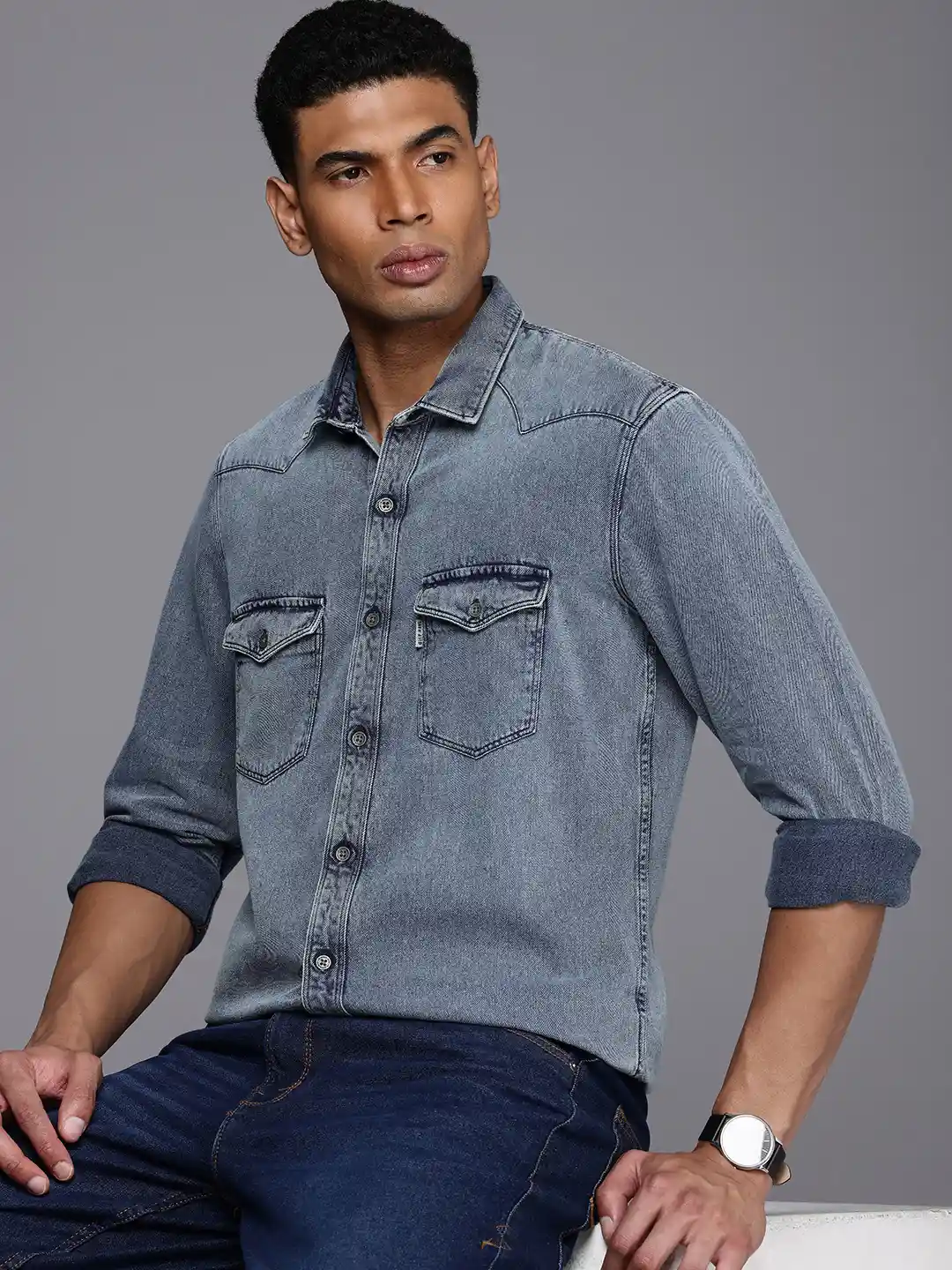 Louis Philippe Jeans Pure Cotton Slim Fit Faded Opaque Denim Casual Shirt