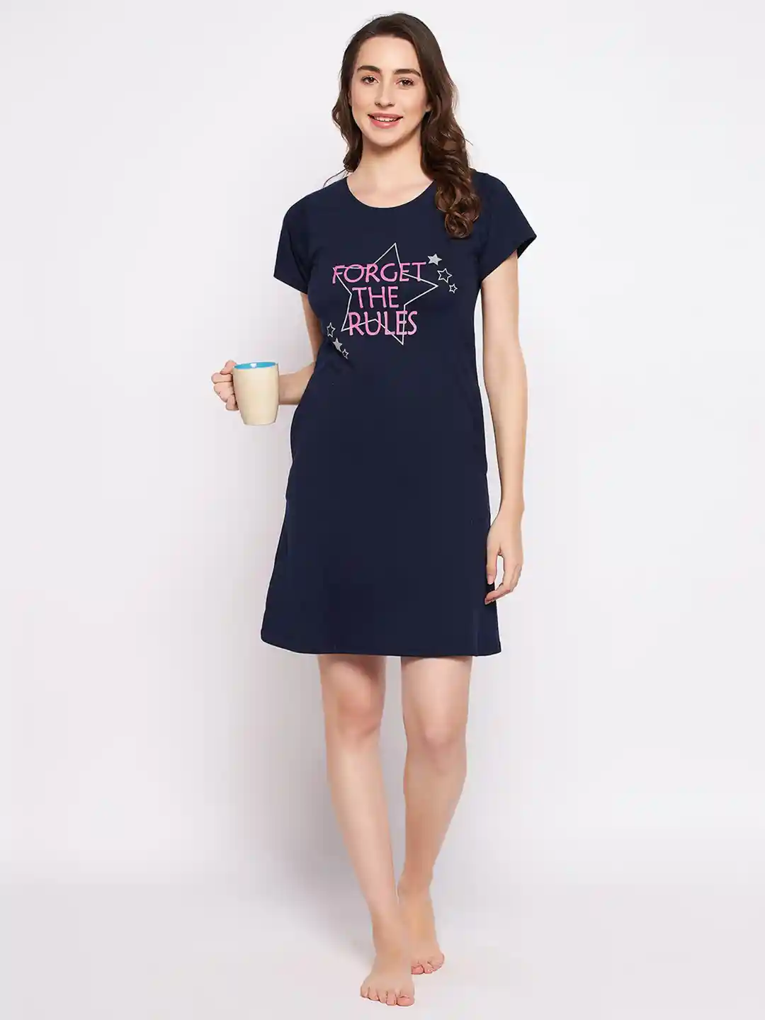 Buy Clovia Printed Knee Length Pure Cotton T-shirt Nightdress