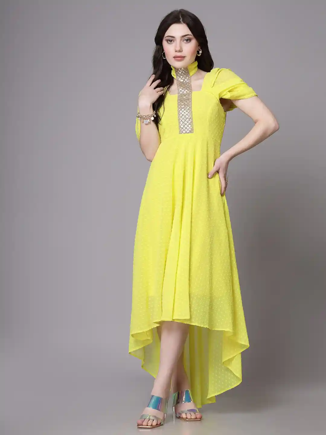 aayu High Neck Short Sleeves Georgette Maxi Dress