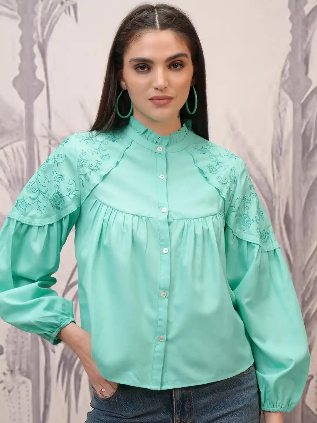Mandarin Collar Green High Neck Blouse Chinese Collar Full Sleeve