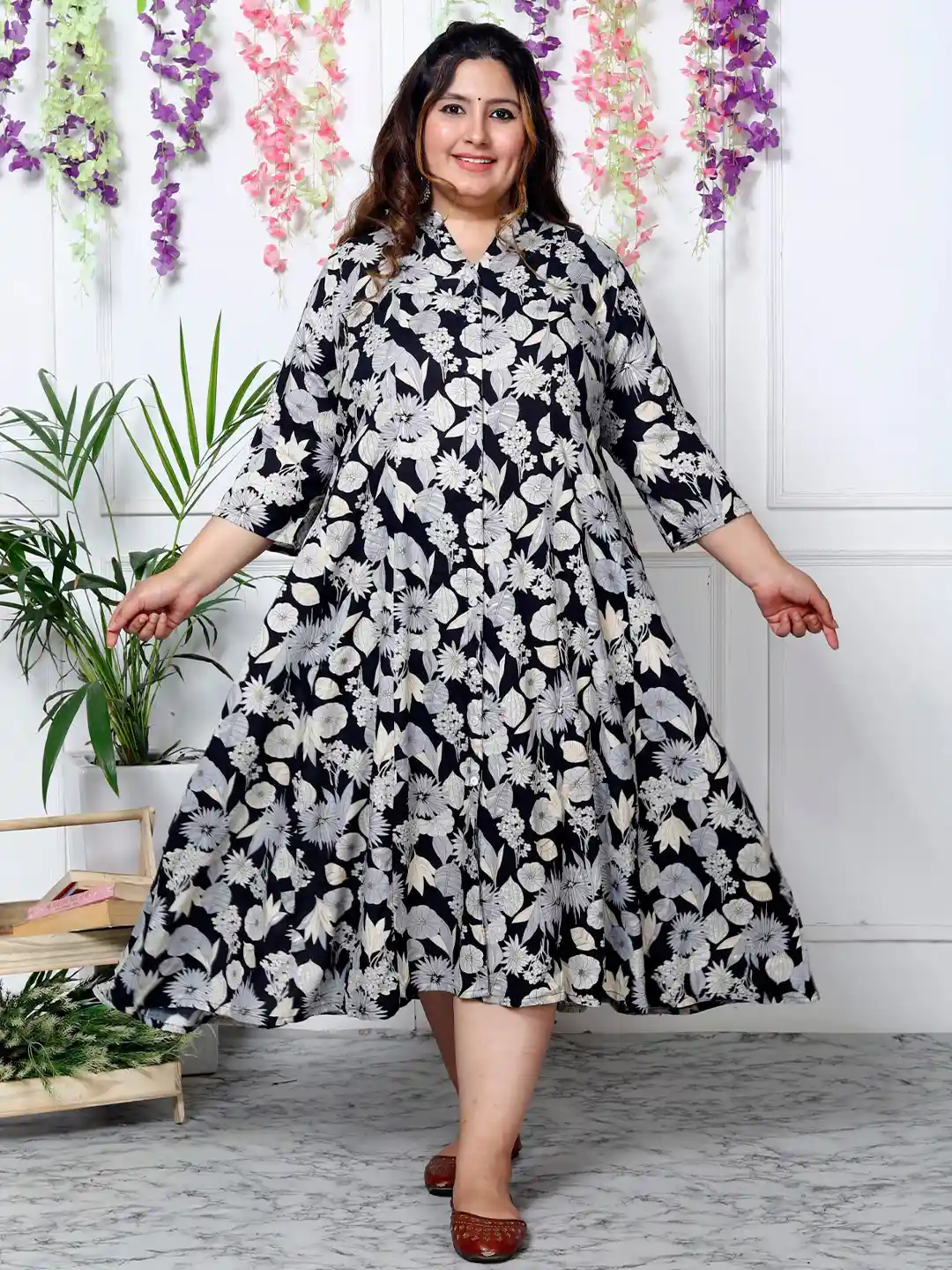 Swasti Plus Size Floral Printed Mandarin Collar Shirt Dress