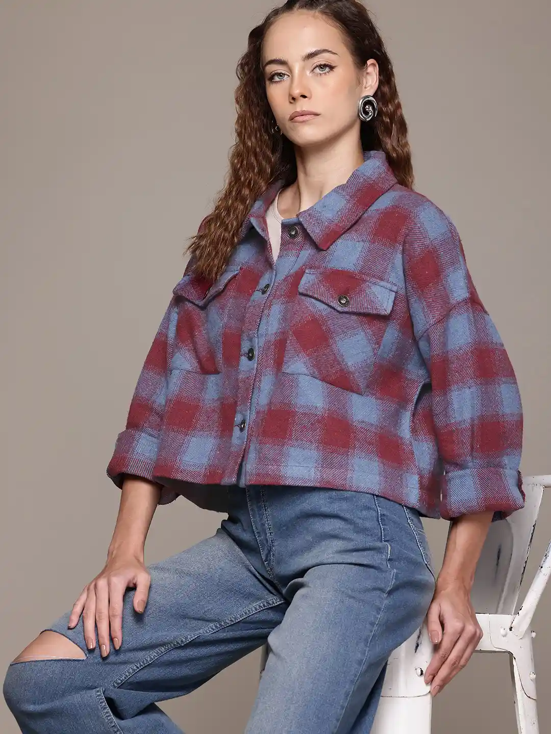 Buy The Roadster Lifestyle Co. Checked Boxy Crop Jacket - Jackets