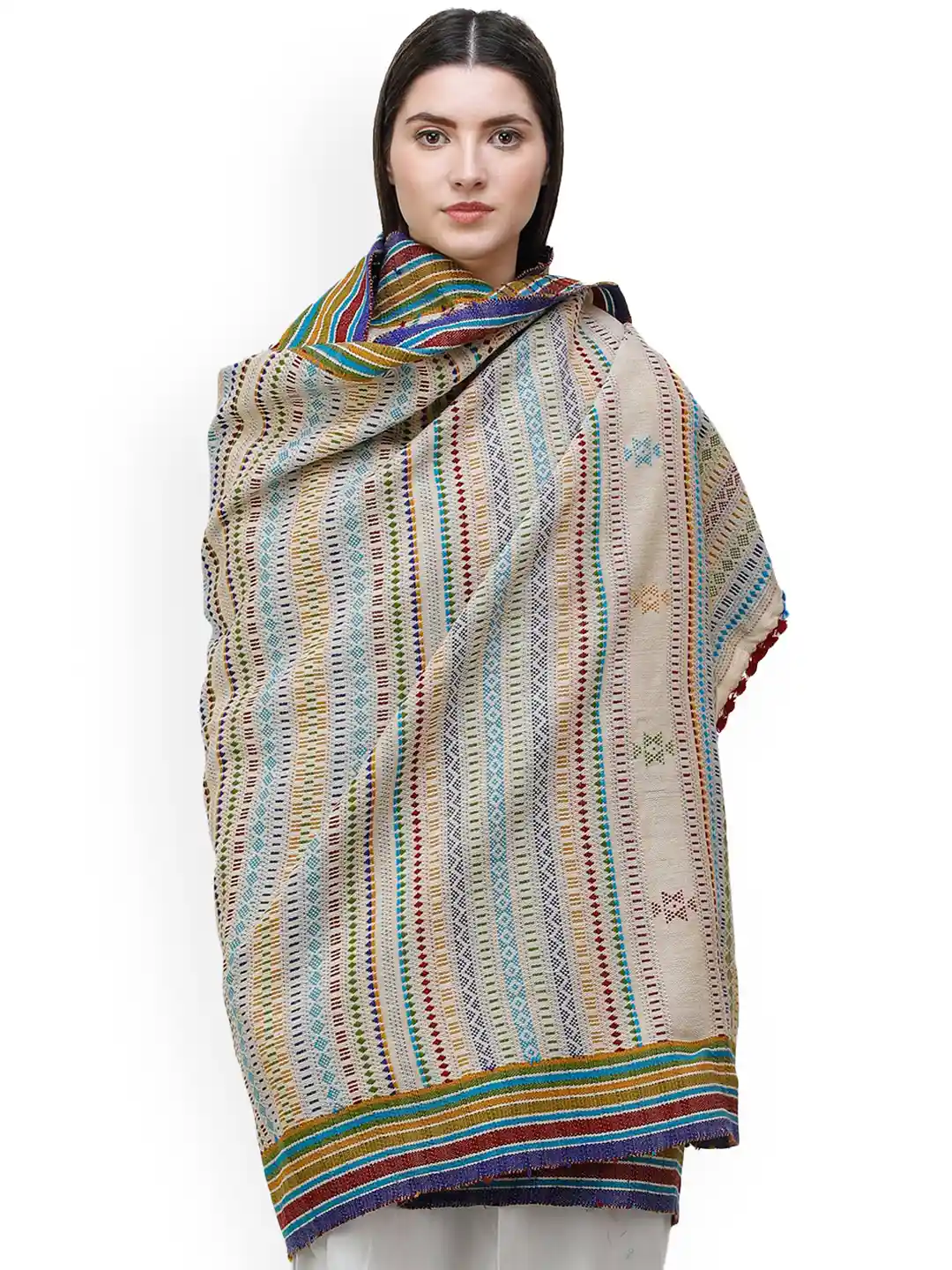 Buy Exotic India Ivory Wool Multi-color Hand-Woven Folk Wool Shawl