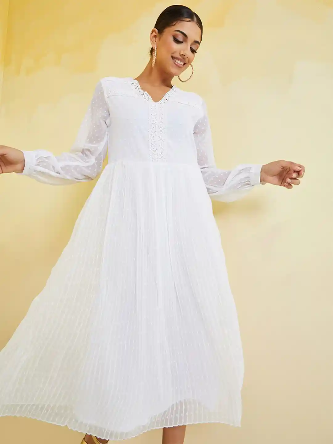 Buy Styli White Embroidered Insert Dobby Pleated A-Line Midi Dress