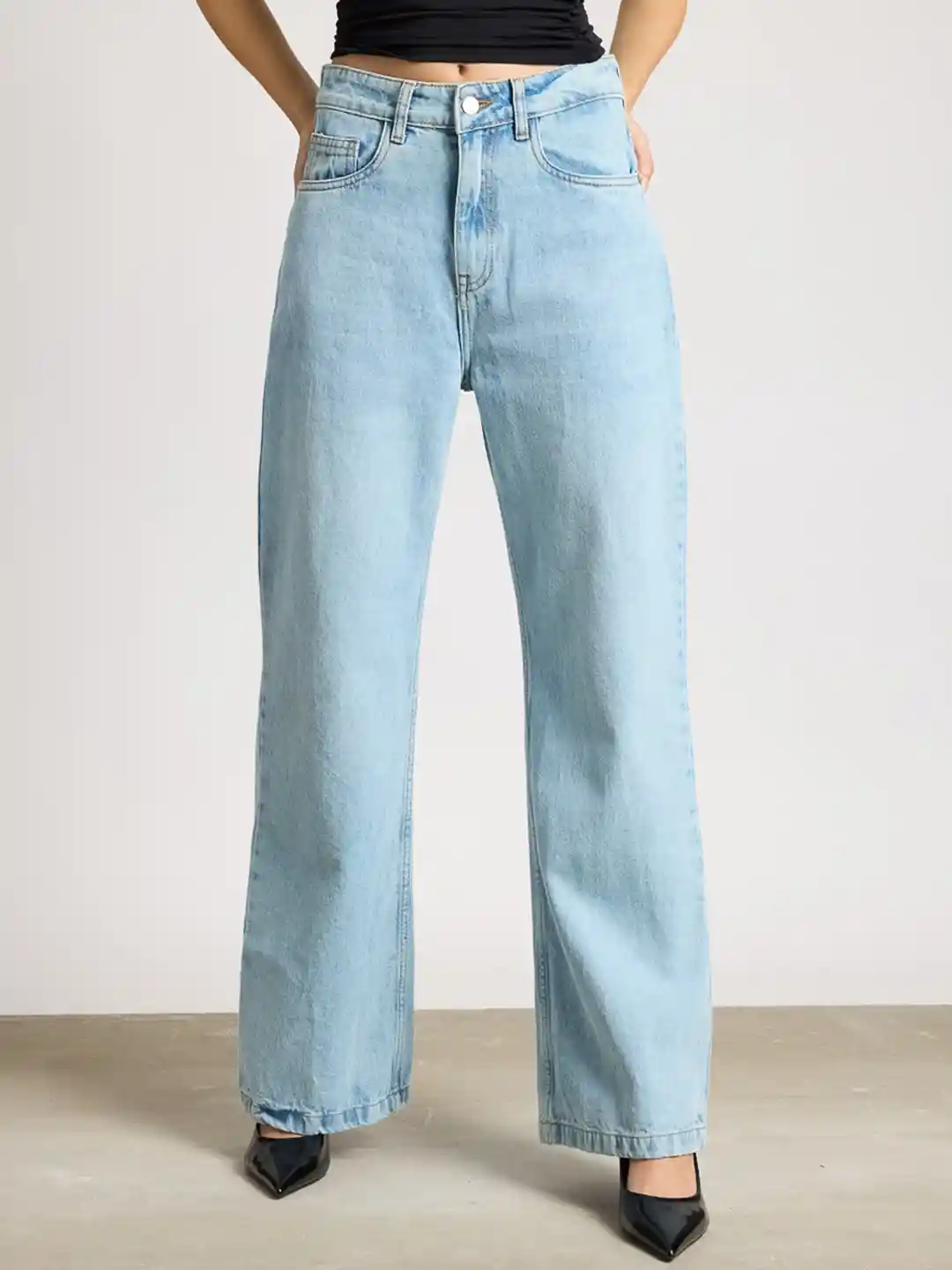 FREAKINS Women Wide Leg High-Rise Low Distress Heavy Fade Cotton Jeans