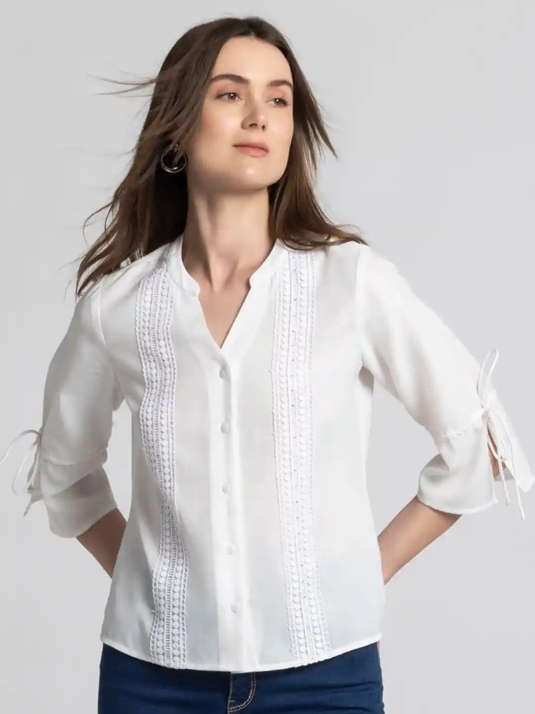 Buy SHAYE Mandarin Collar Bell Sleeve Shirt Style Top Tops for