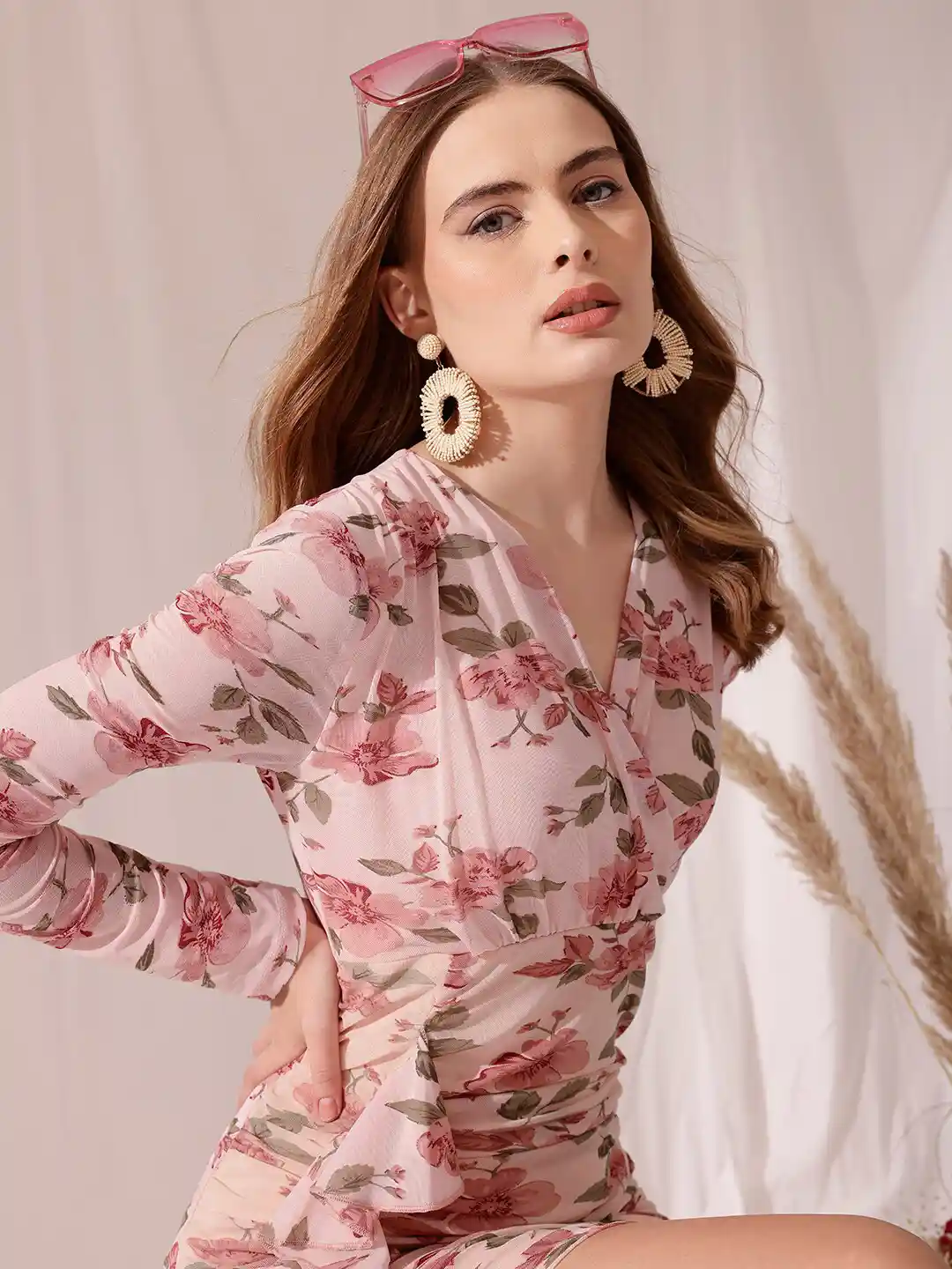 Buy STREET V Neck Floral Print Long Sleeve Wrap Dress Dresses