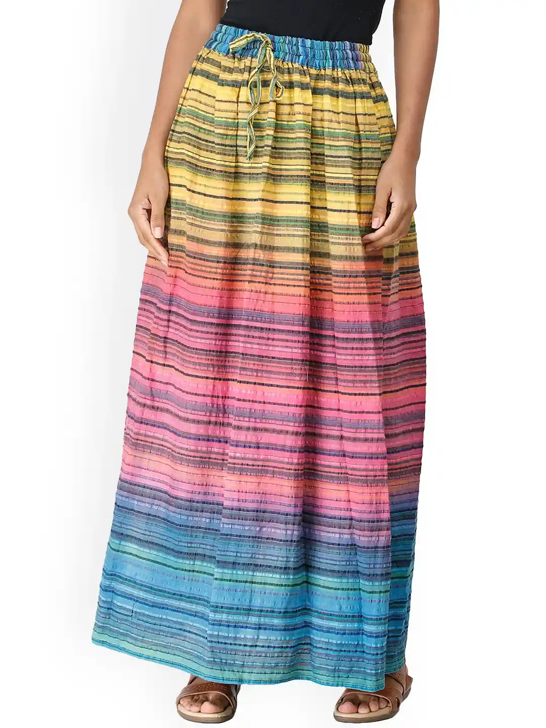 Buy Exotic India Pure Cotton Long Summer Skirt with Stripes Woven