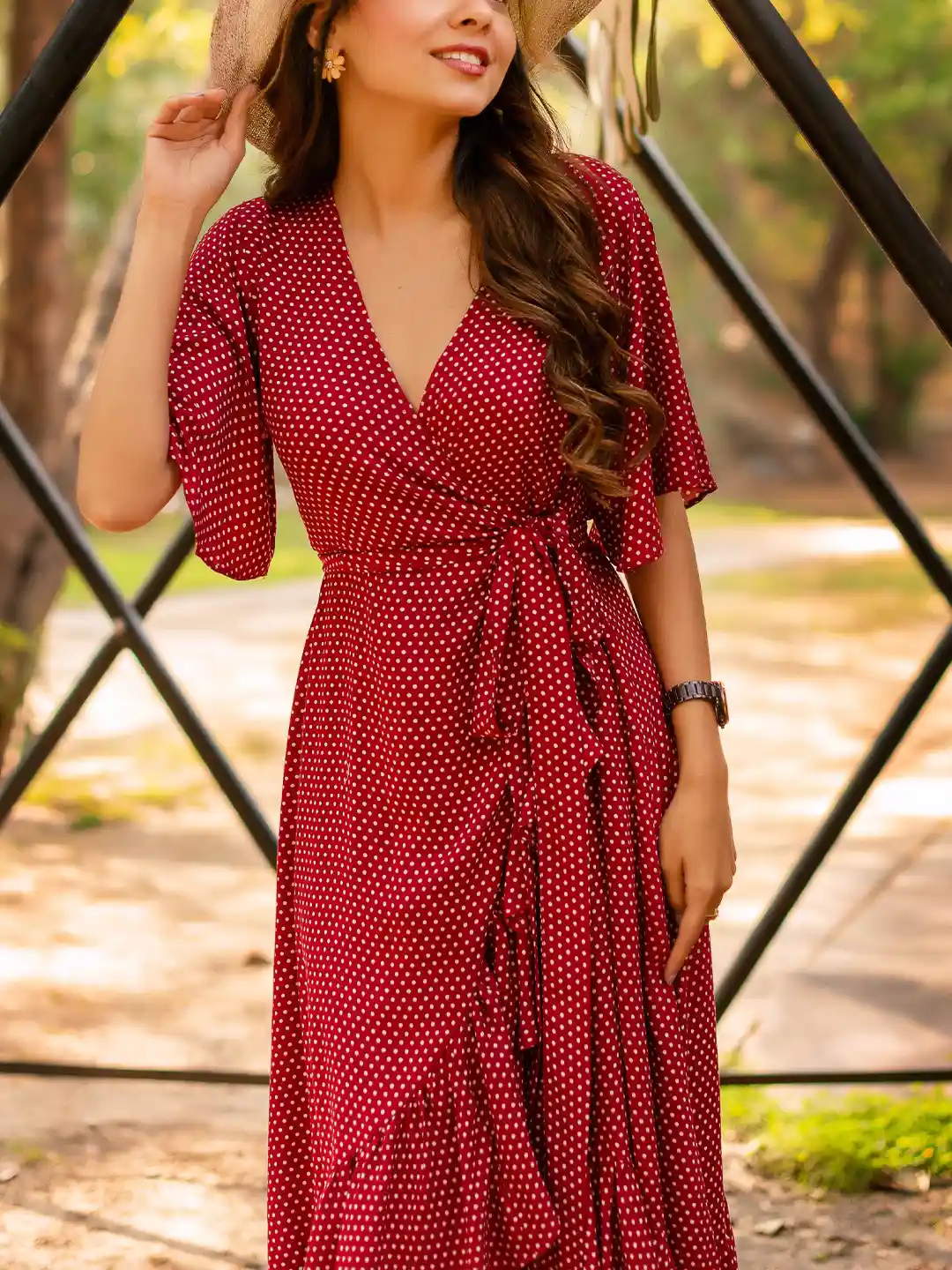 Buy Calmna Polka Dots Printed Wrap Around Dress Dresses for