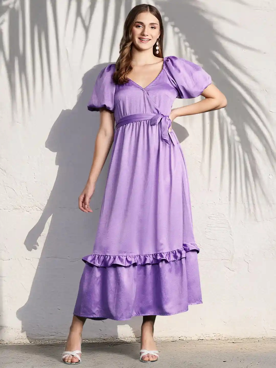 Myntra Casual Satin Maxi Dress DressBerry Puff Sleeve Ruffled Satin Maxi  Dress