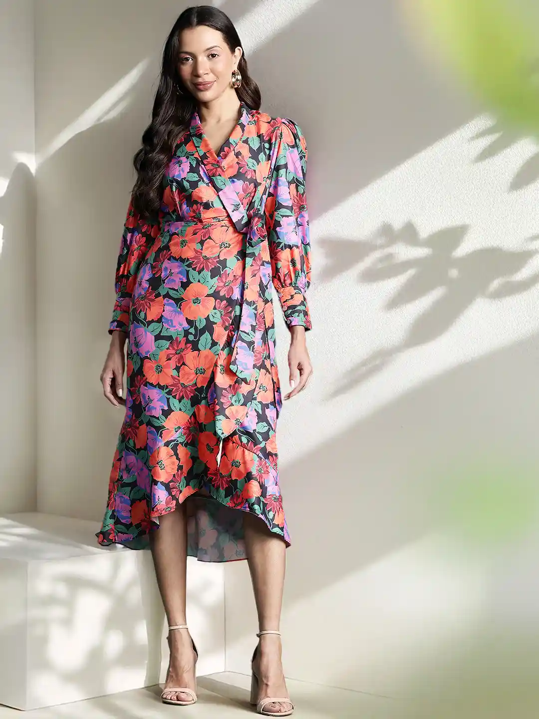 Floral Wrap Midi Wrap Around Dress Floral Wrap Dress With Flounce