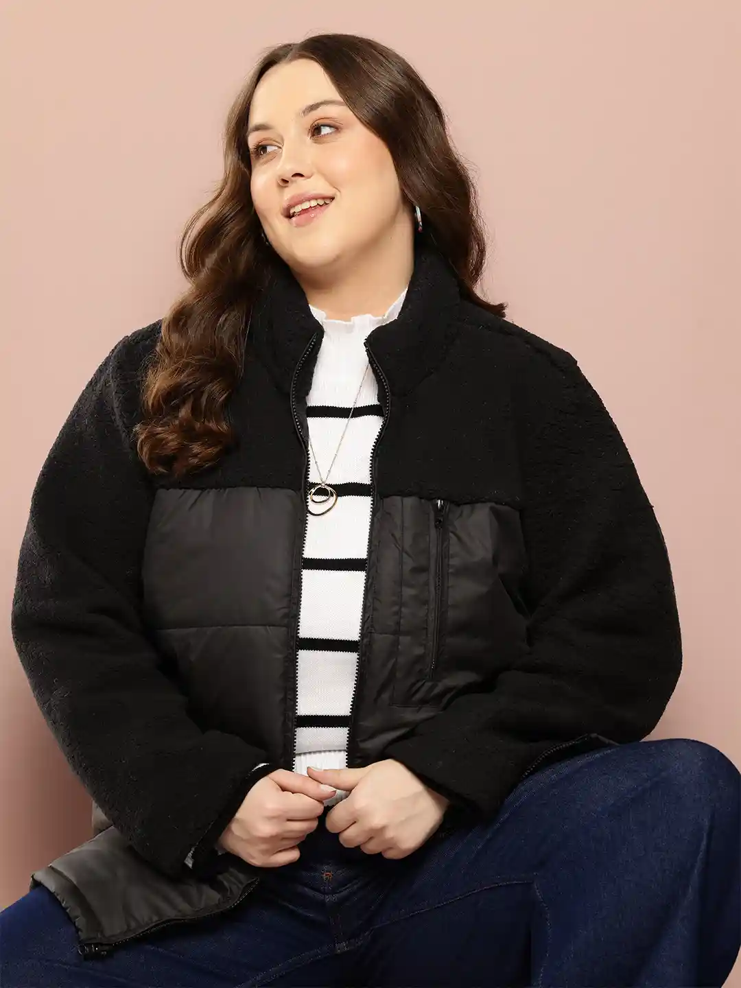Sztori Plus Size Longline Padded Sherpa Jacket