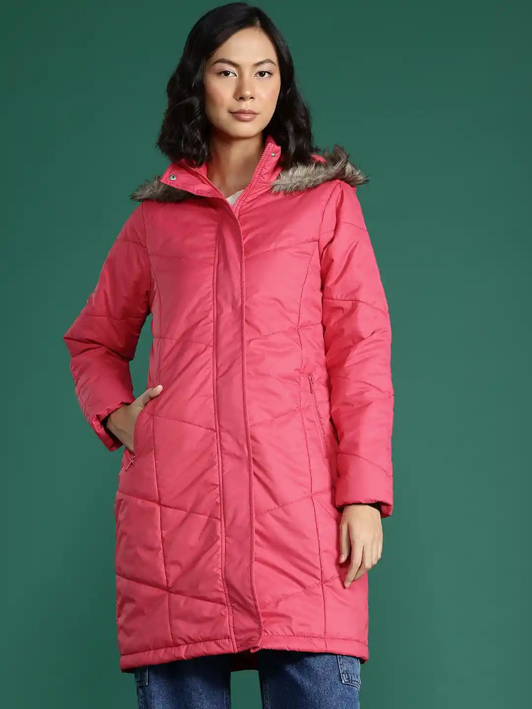 DressBerry Solid Faux Fur Trim Longline Parka Jacket