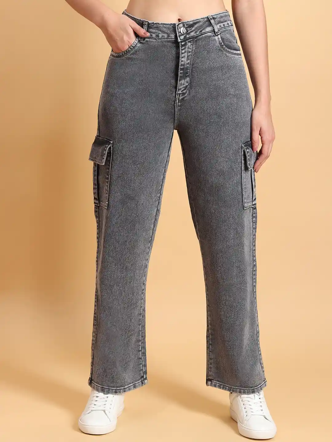 Buy LIVE OK Women Boyfriend Fit High-Rise Heavy Fade Cotton Cargo