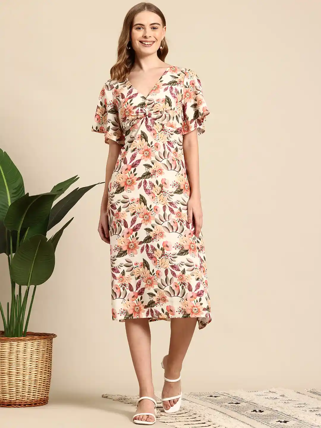 Mast Harbour Floral Printed Flutter Sleeves Sheath Maxi Dress