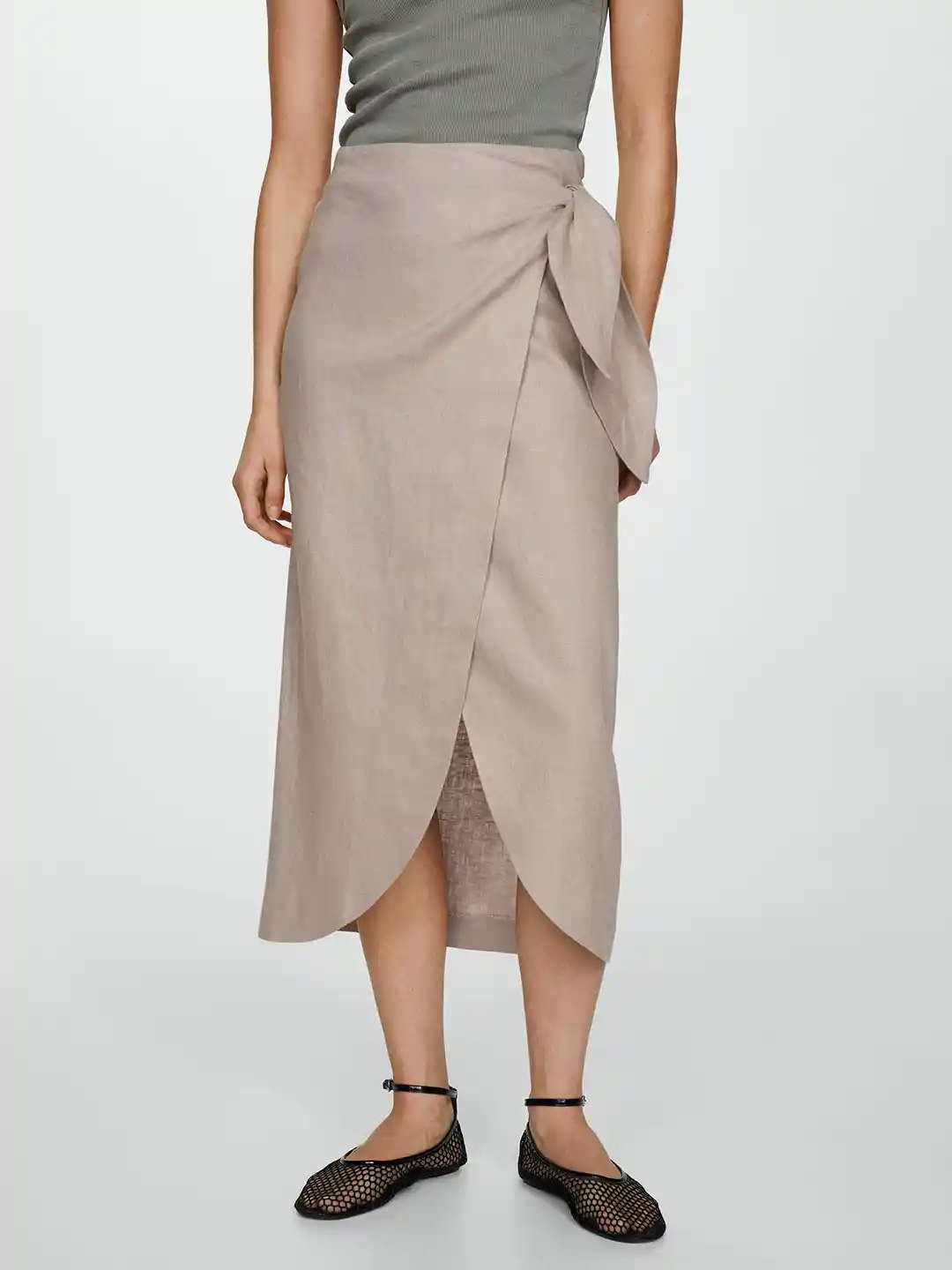 Myntra Mango Satin Wrap Front Midi Skirt In Camel MANGO Linen Wrap