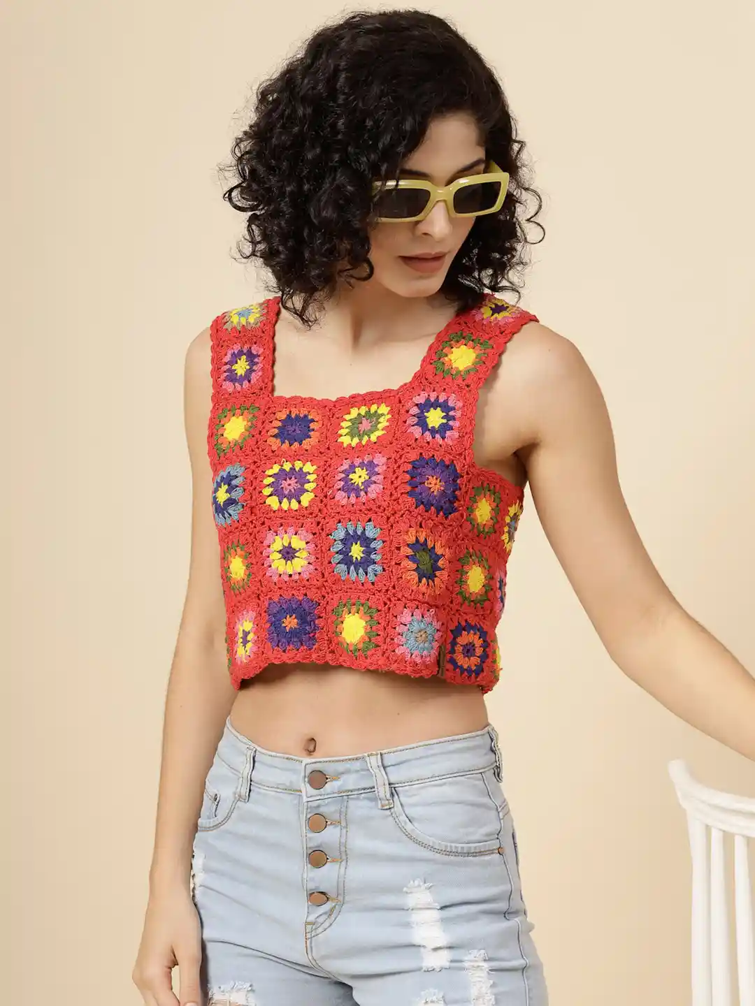 Velvery Self Design Square Neck Cotton Crochet Crop Top